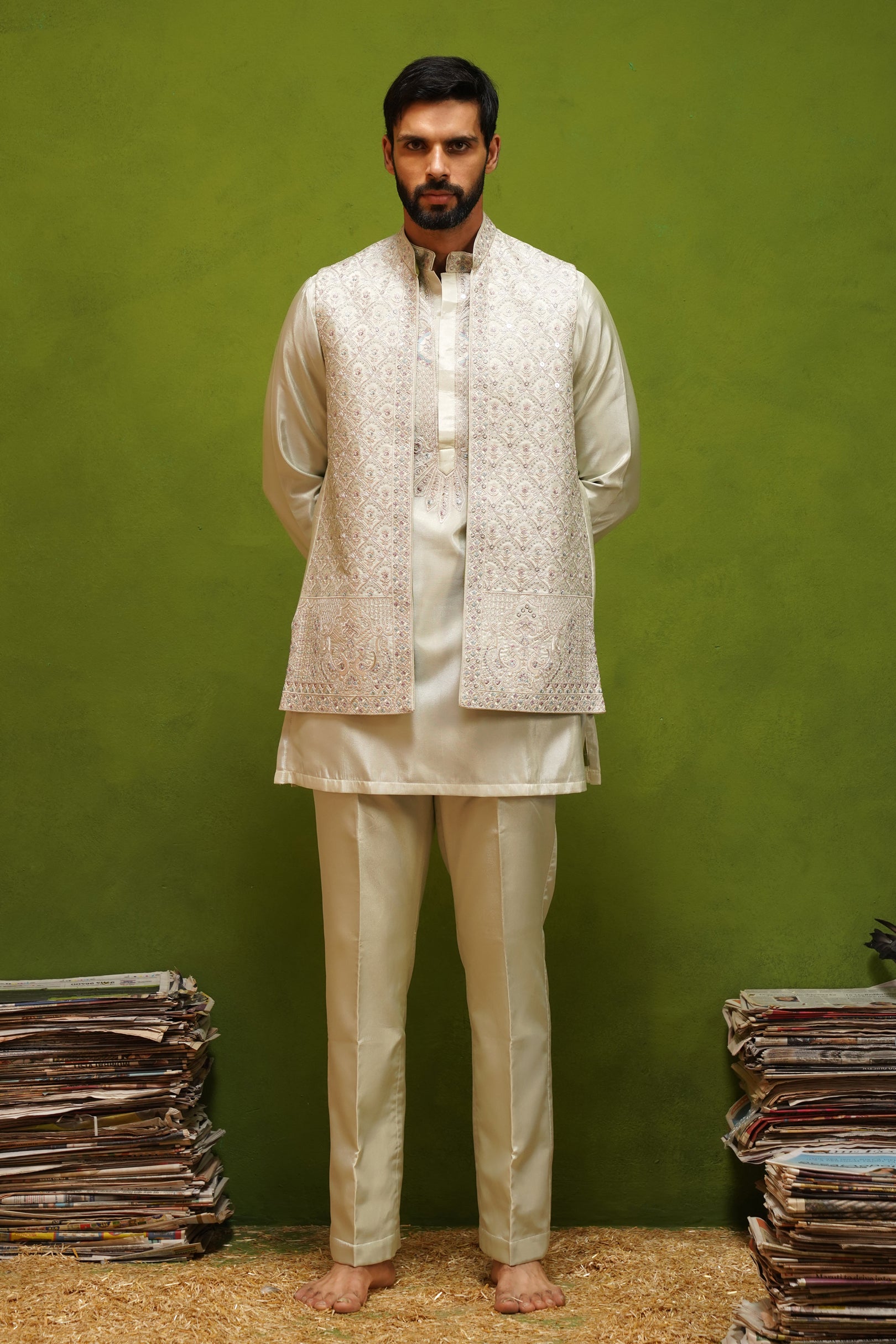 OJASV MEHNDI SHORT KURTA JACKET SET