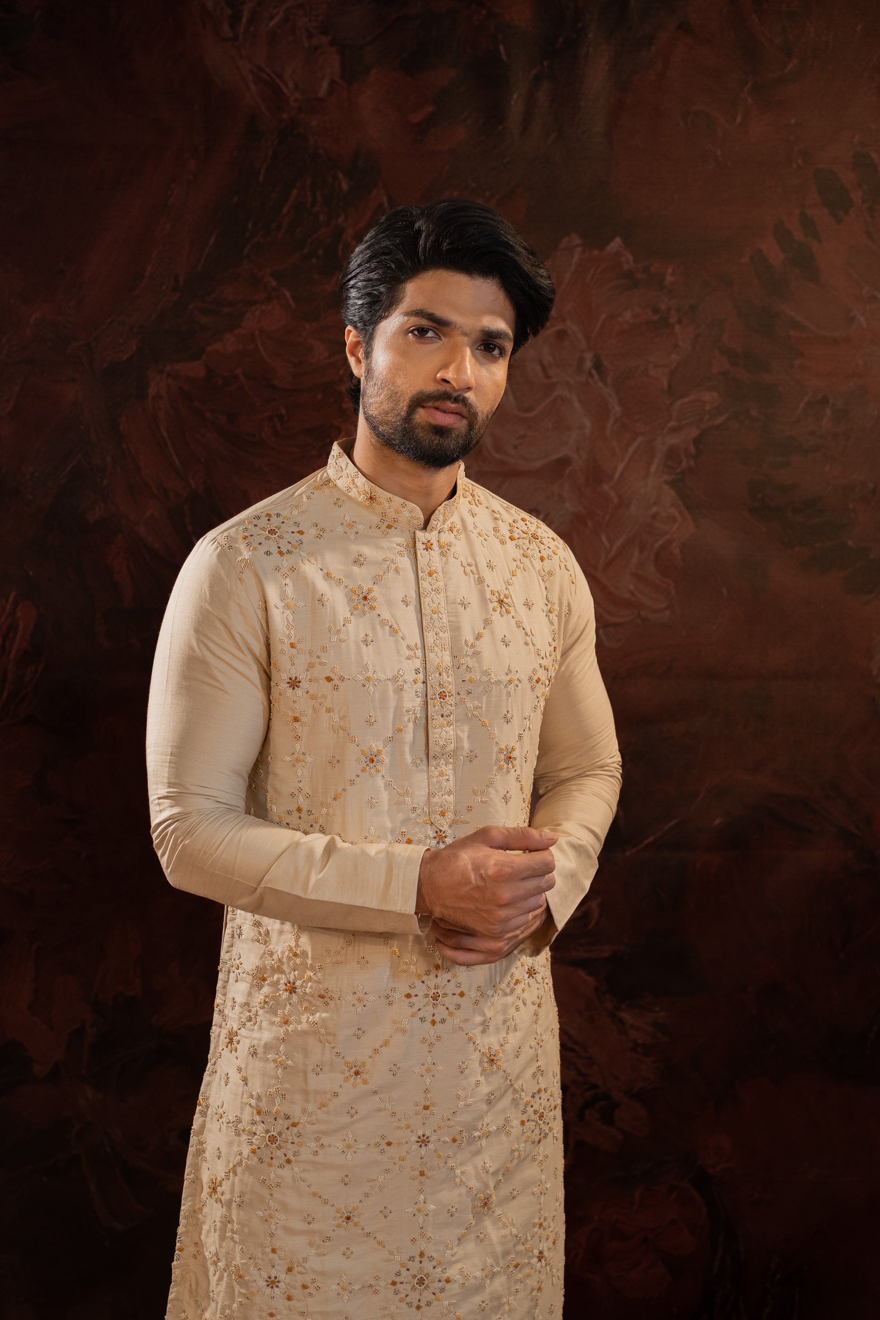 Beige Silk Embroidered Kurta Set With French Knots