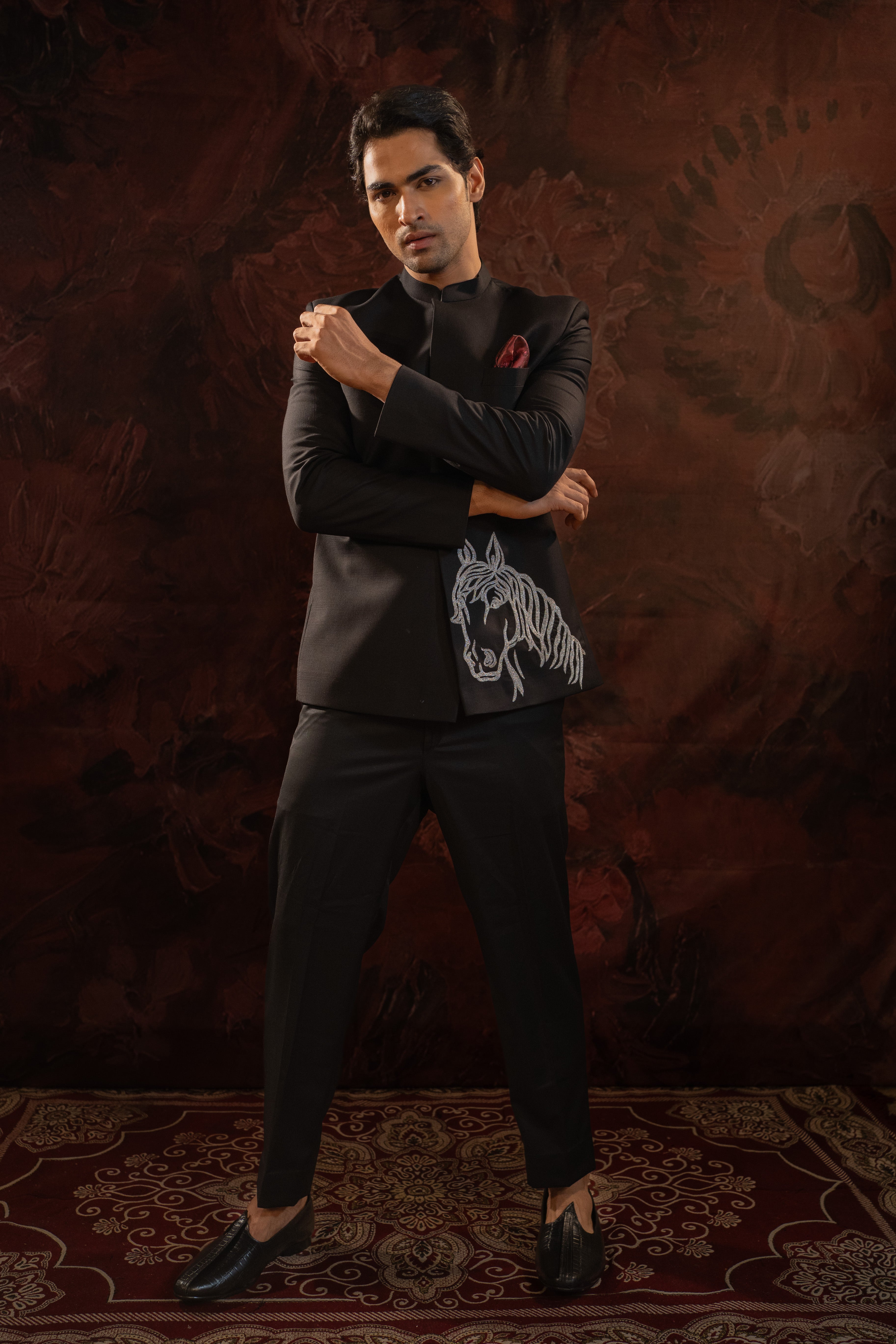 Black Bandhgala With Horse Motif