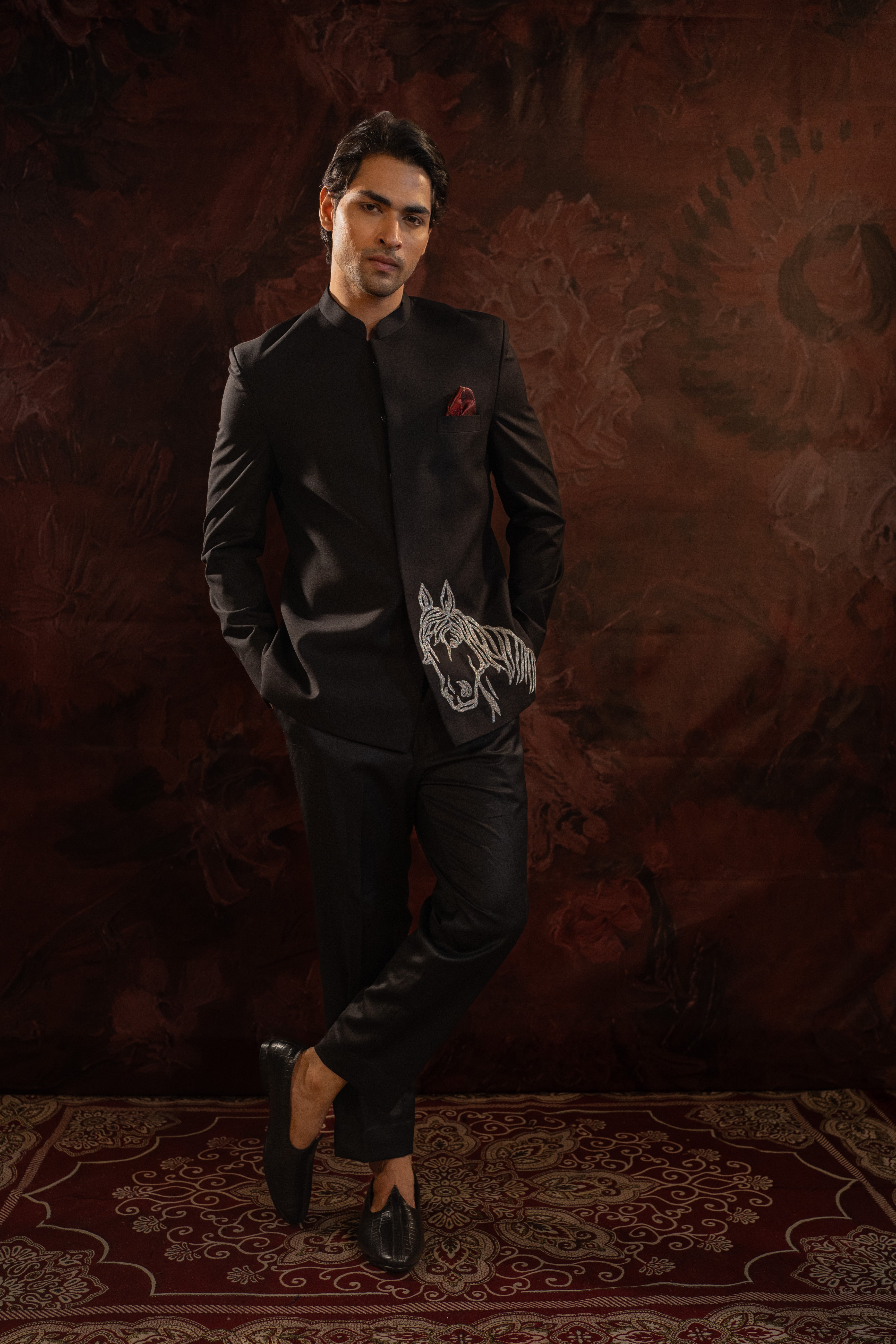 Black Bandhgala With Horse Motif