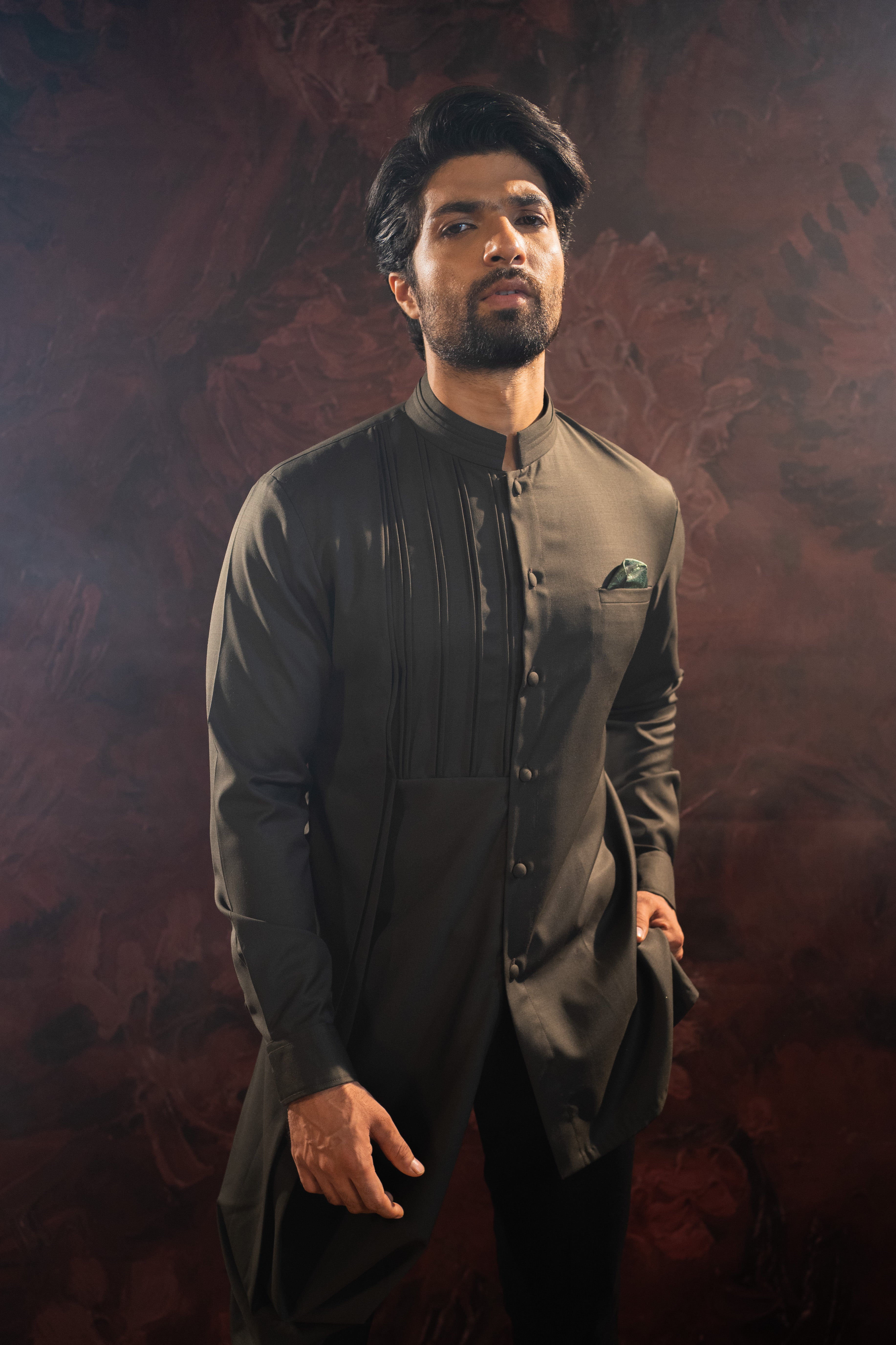 Olive Asymmetric Short Kurta Set