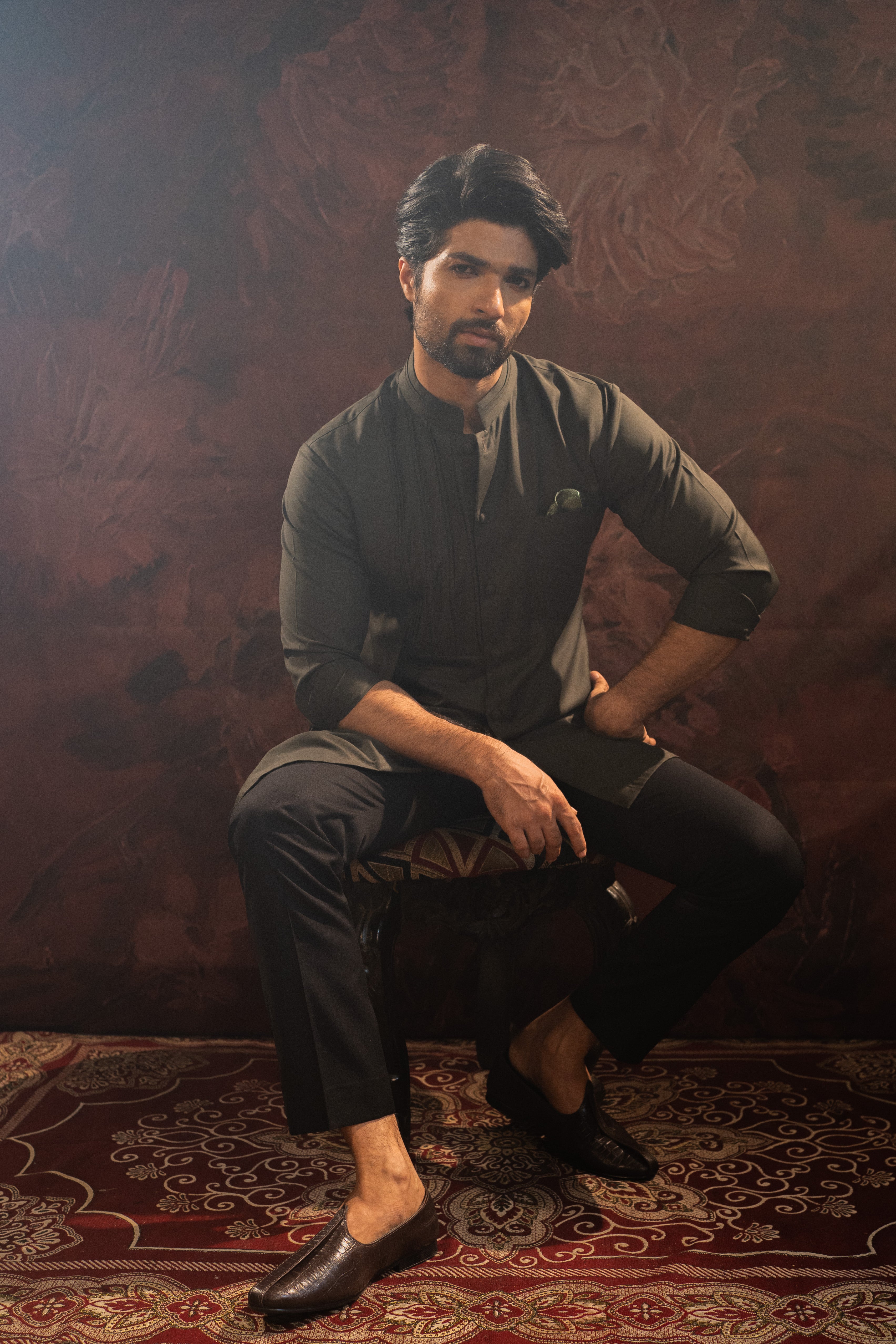 Olive Asymmetric Short Kurta Set