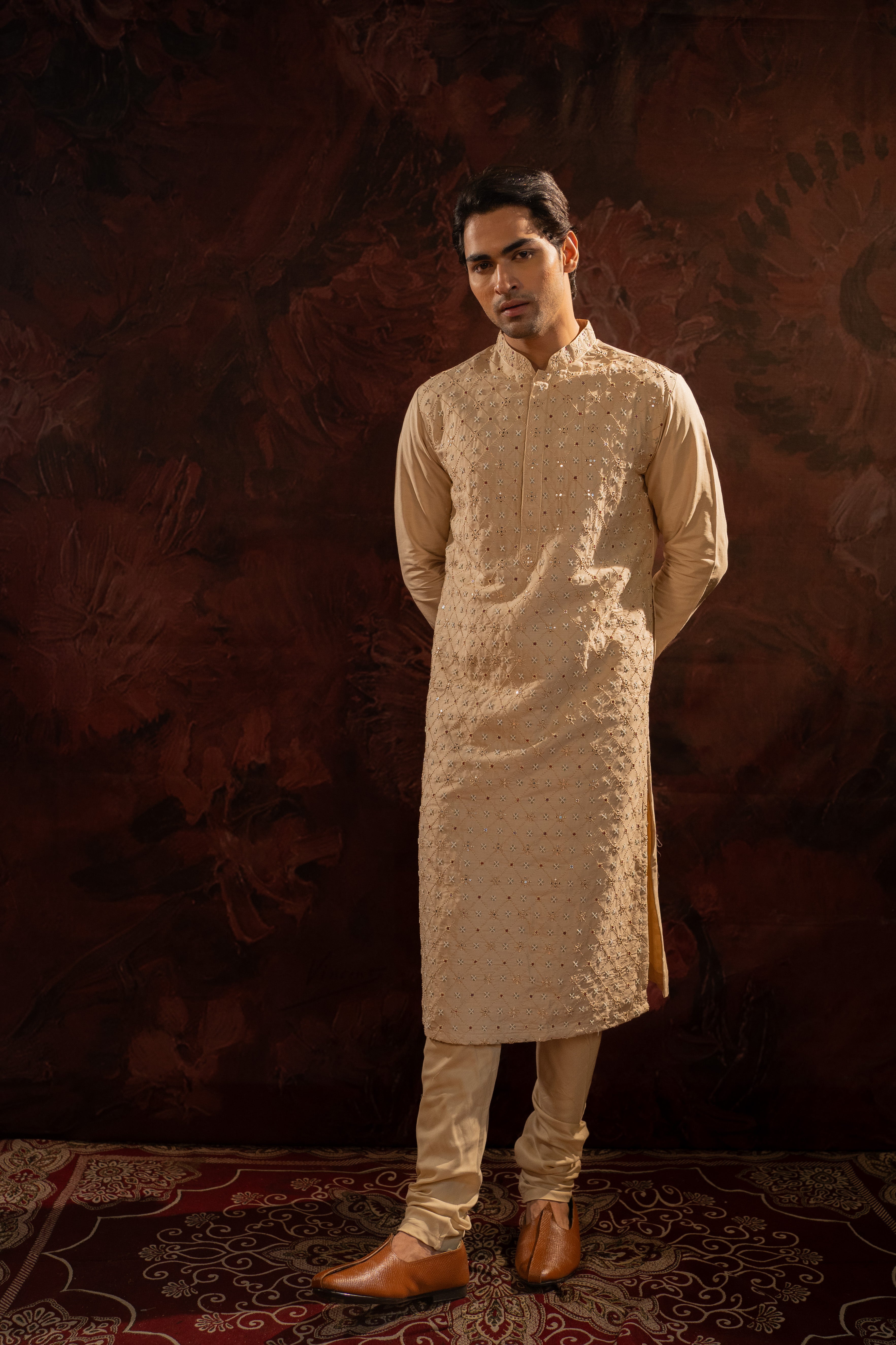 Beige Silk Embroidered Kurta Set With Pearl Highlights