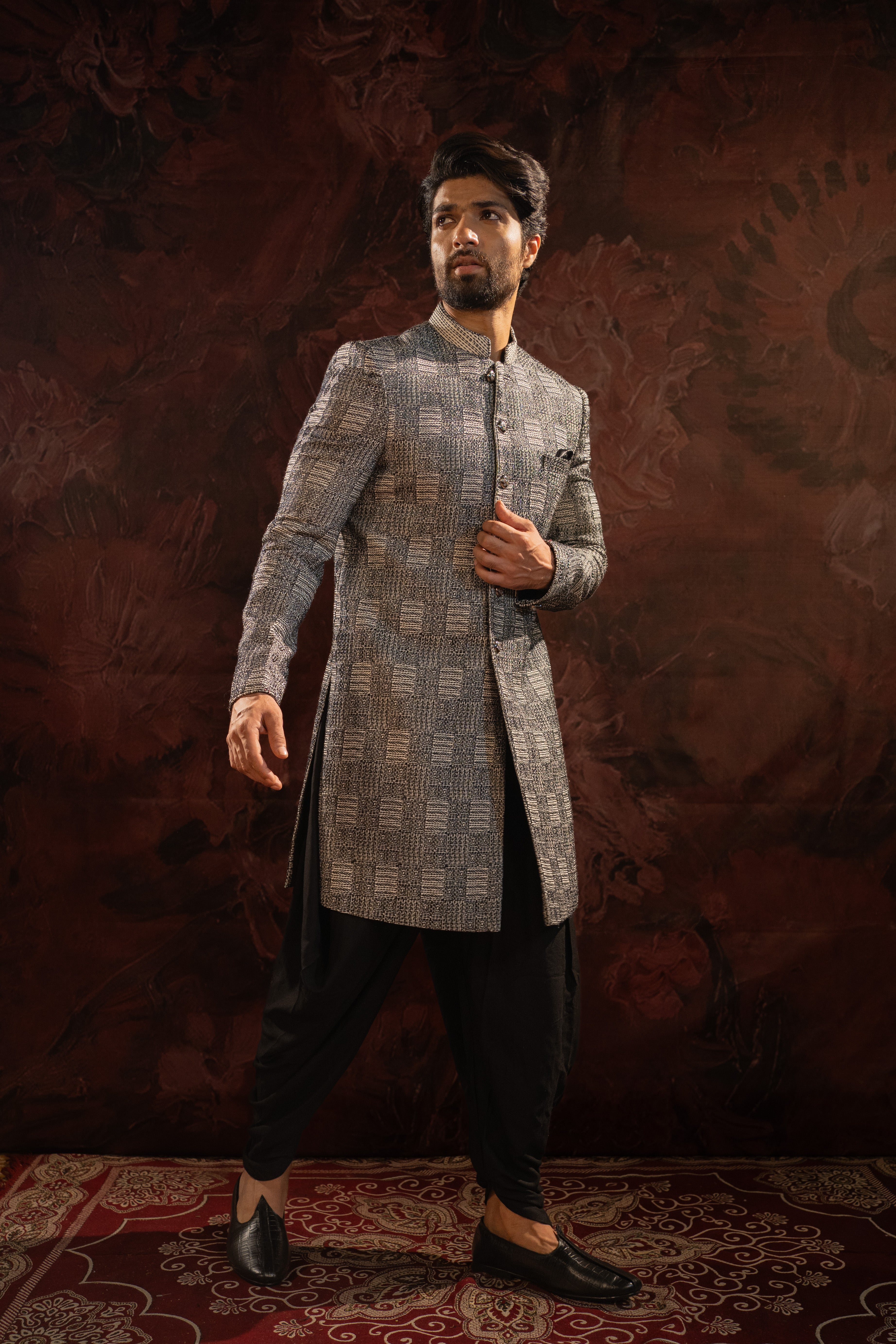 Black Embroidered Bandhgala With Cowl Pants