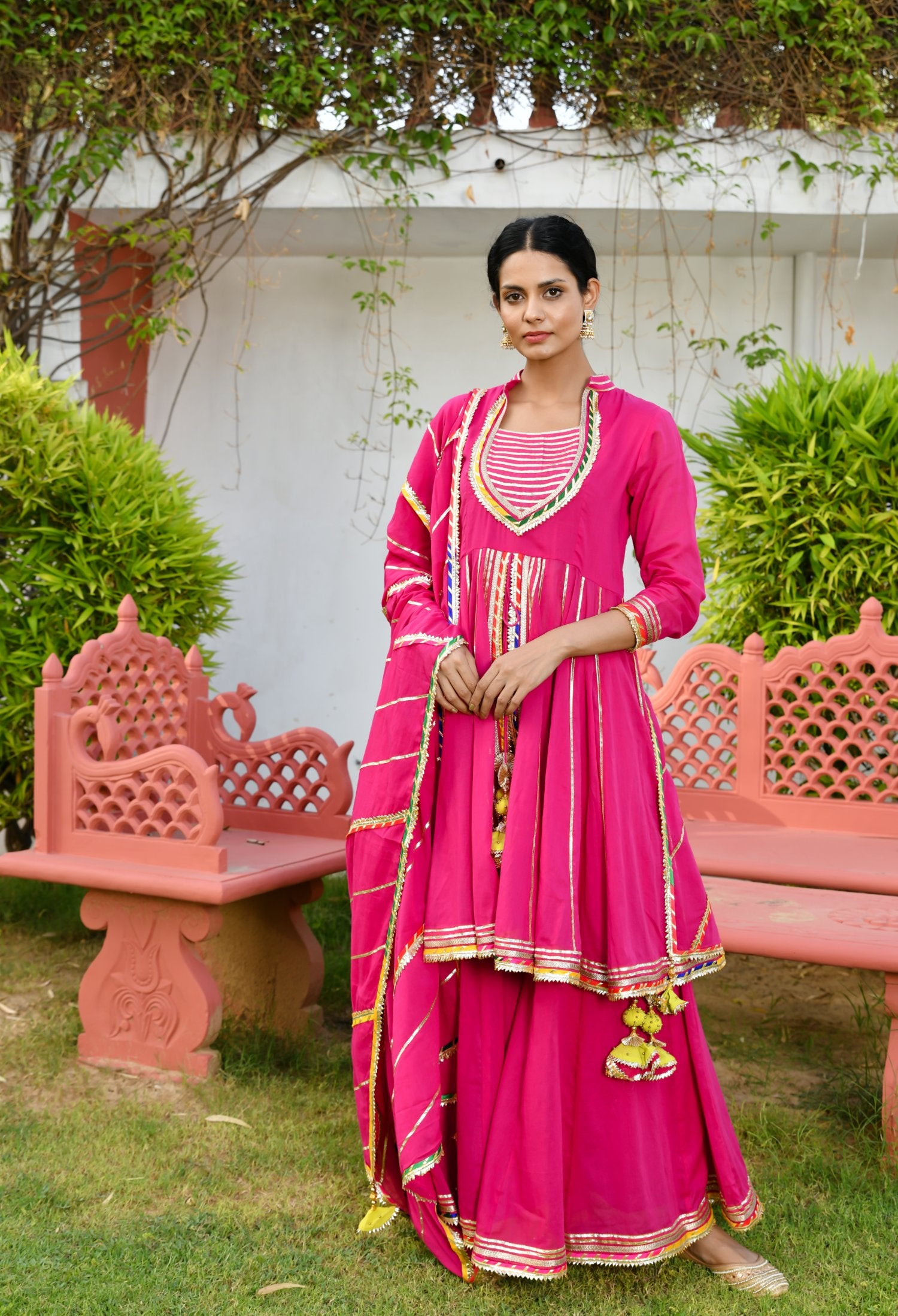 Magenta Jodha Anarkali Kurta Sharara Set
