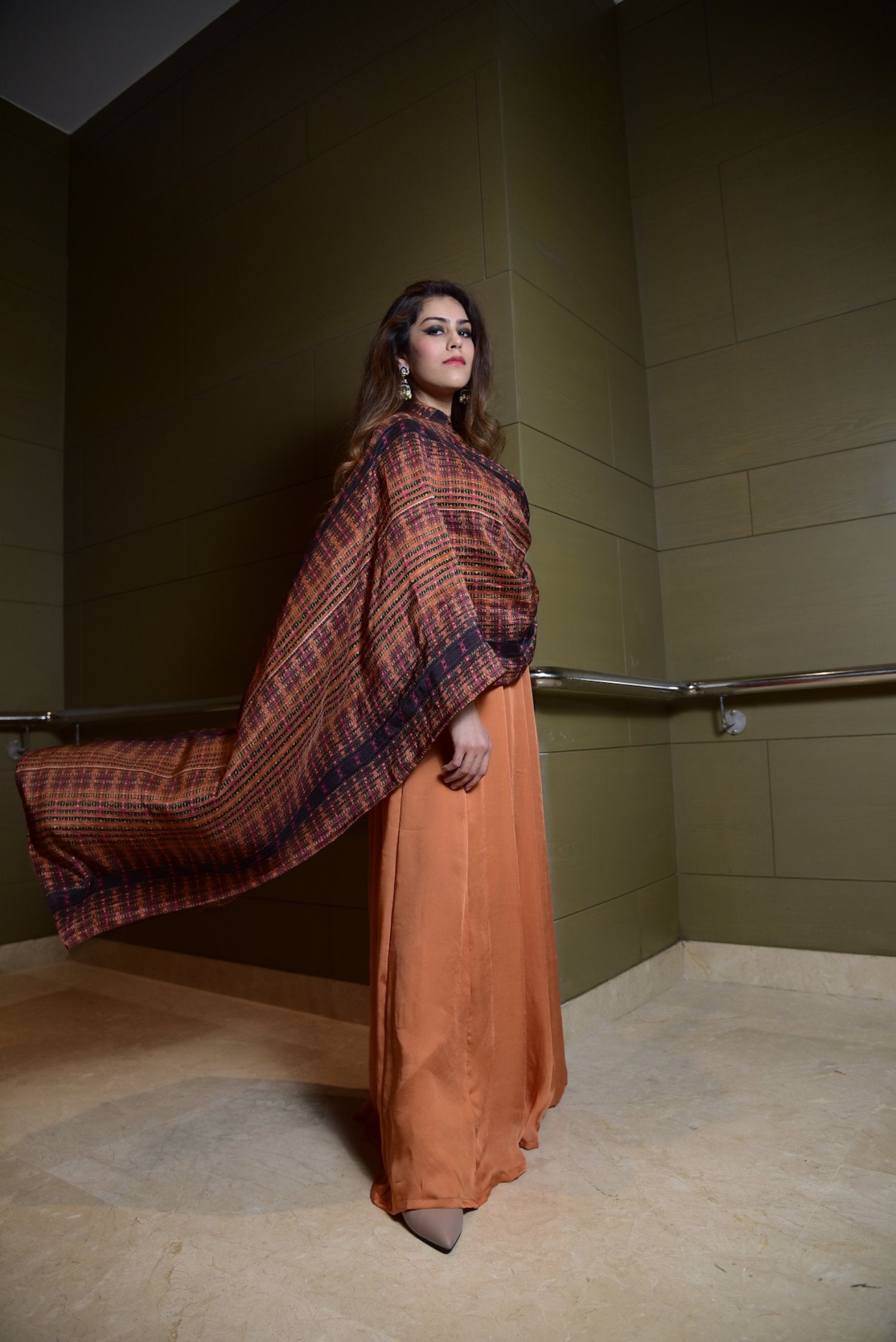 Tangerine Anarkali Paired With A Draped Dupatta