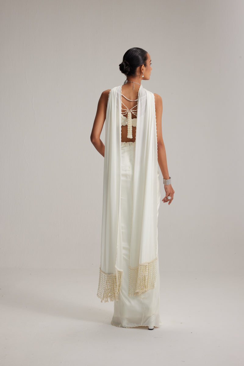 Off White Satin Draped Skirt Set