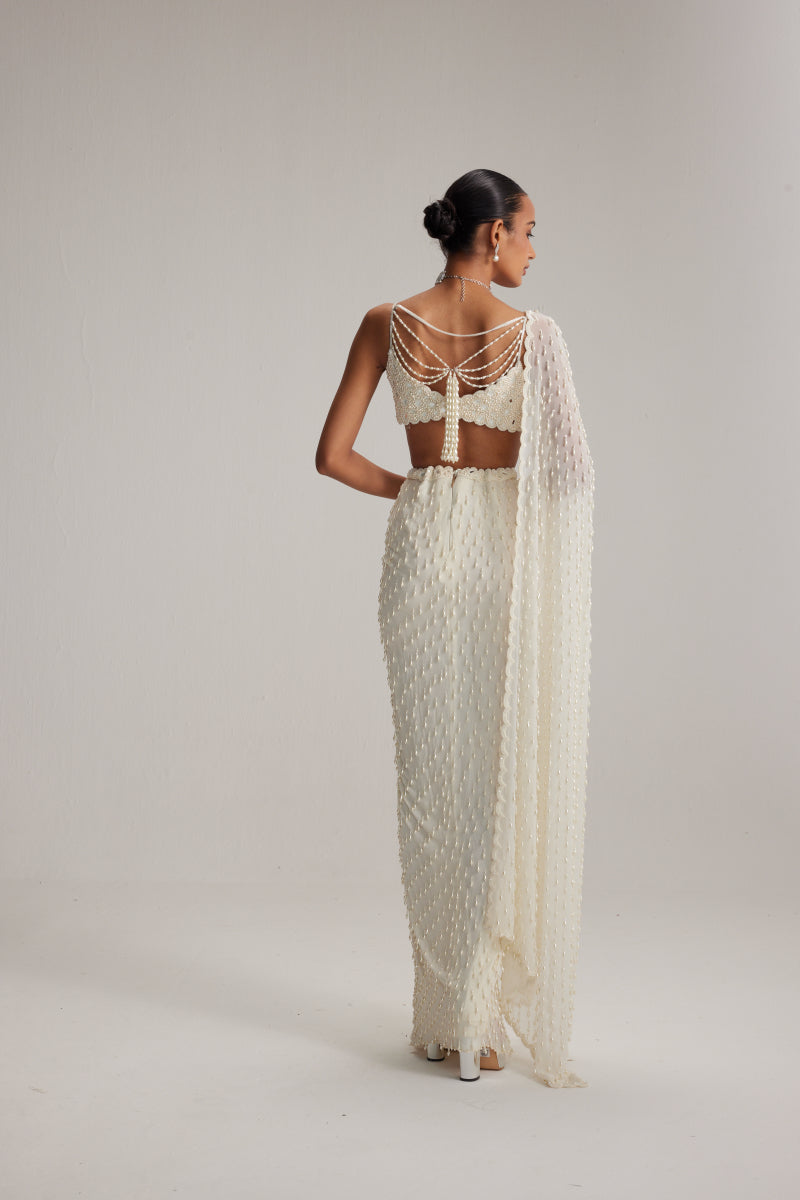 Pearl White Dense Drop Draped Skirt set