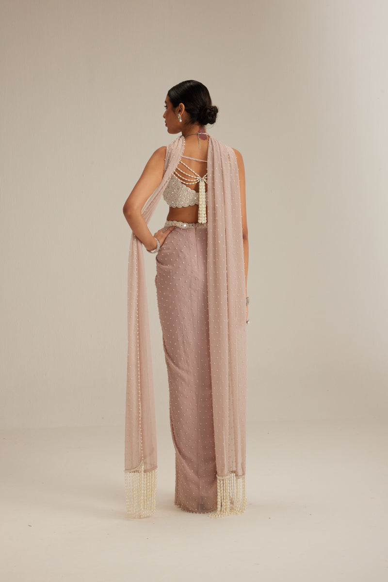 Ash pink Pearl Scattered draped skirt set