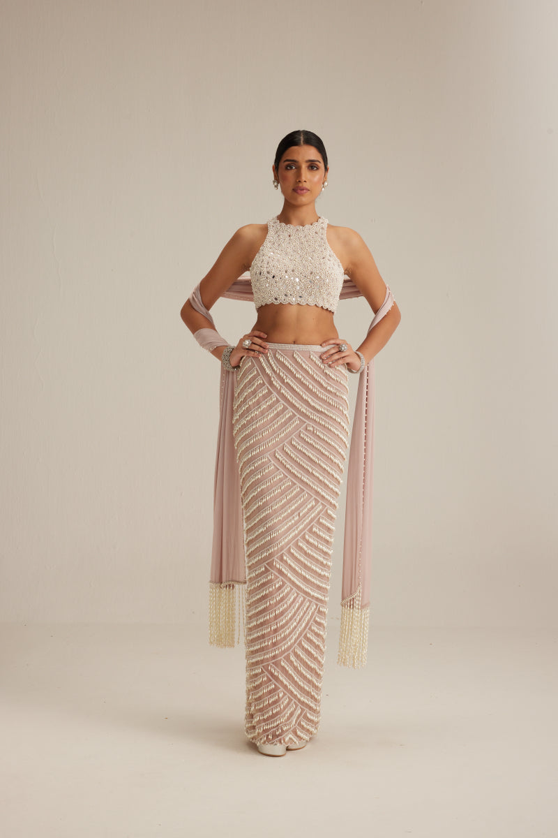 Ash Pink Pearl Drop Pencil Skirt Set