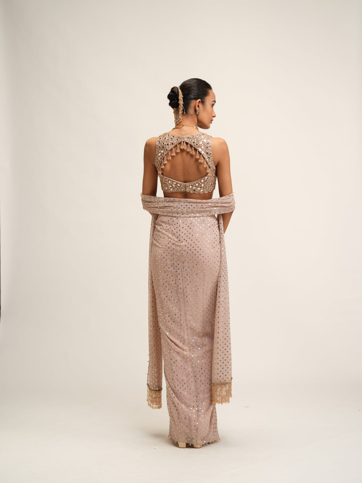 Ash Pink Draped Skirt With V Neck Blouse Set