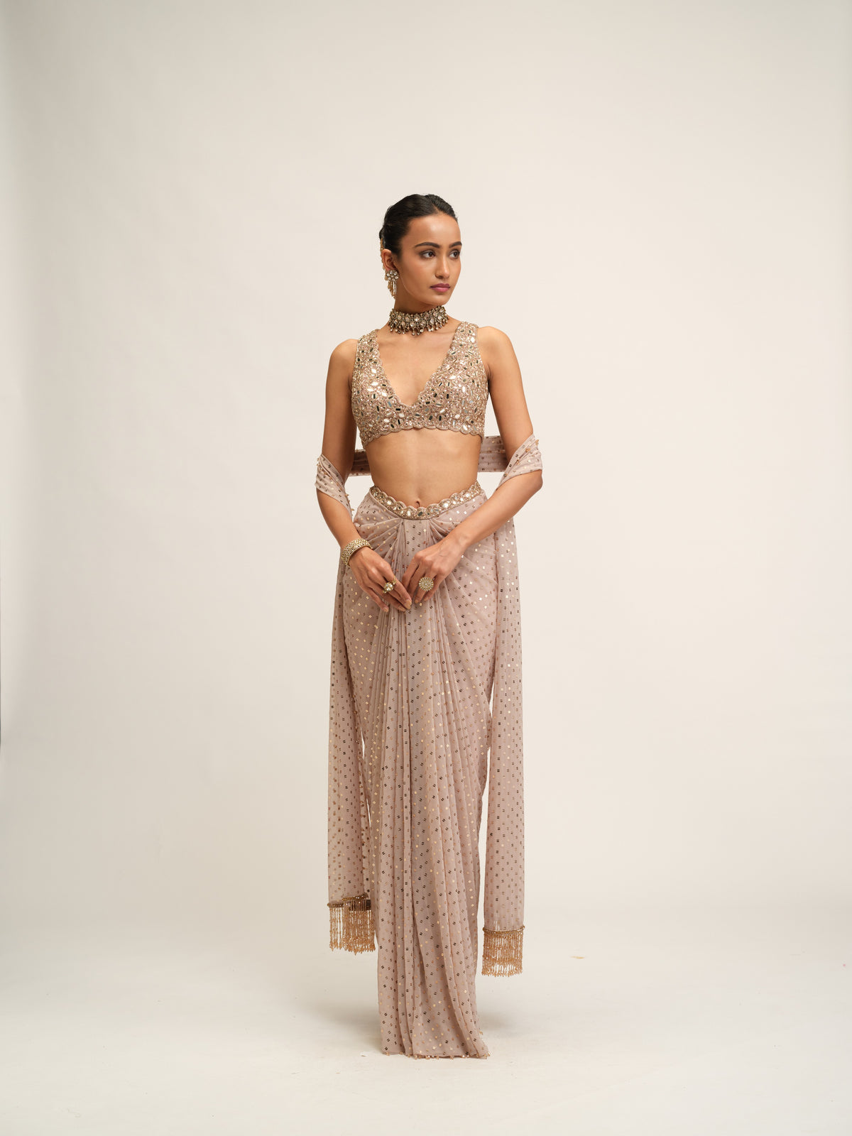 Ash Pink Draped Skirt With V Neck Blouse Set