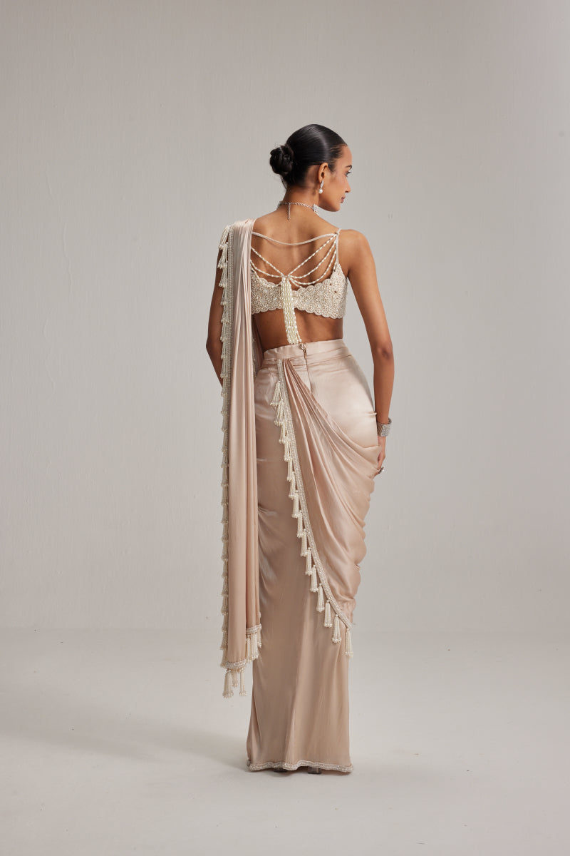 Light Beige mirror and pearl Satin Draped Saree set