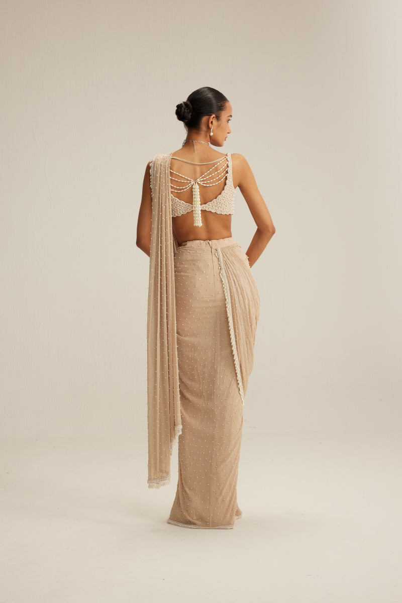 Light Beige Draped Saree Set