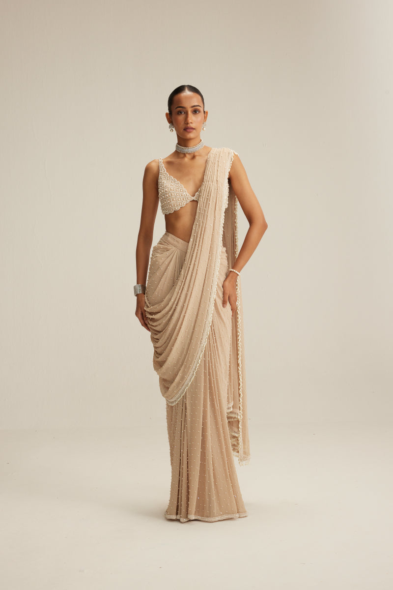 Light Beige Draped Saree Set