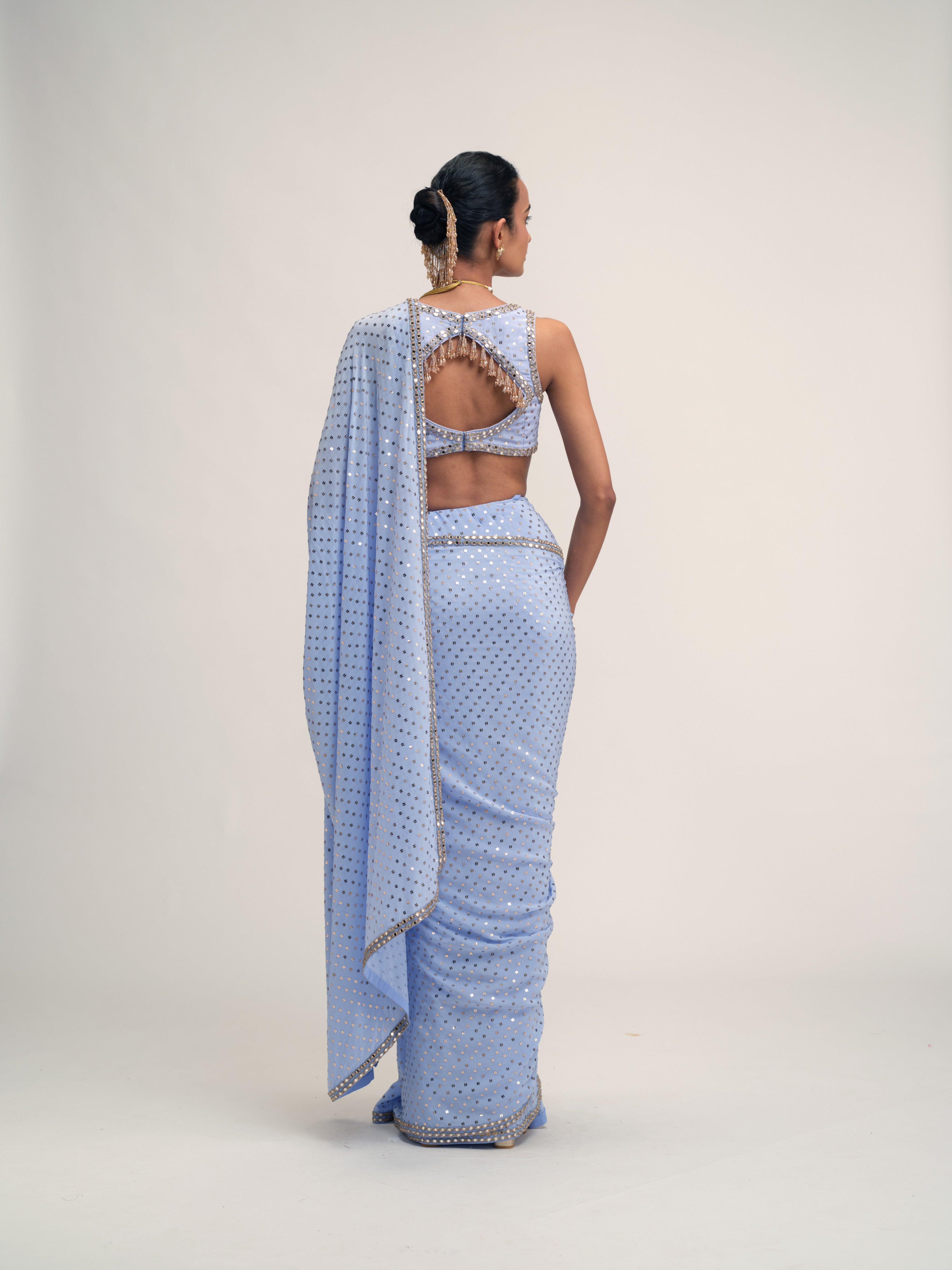 Dew Blue Sequins Embroidered Saree Set