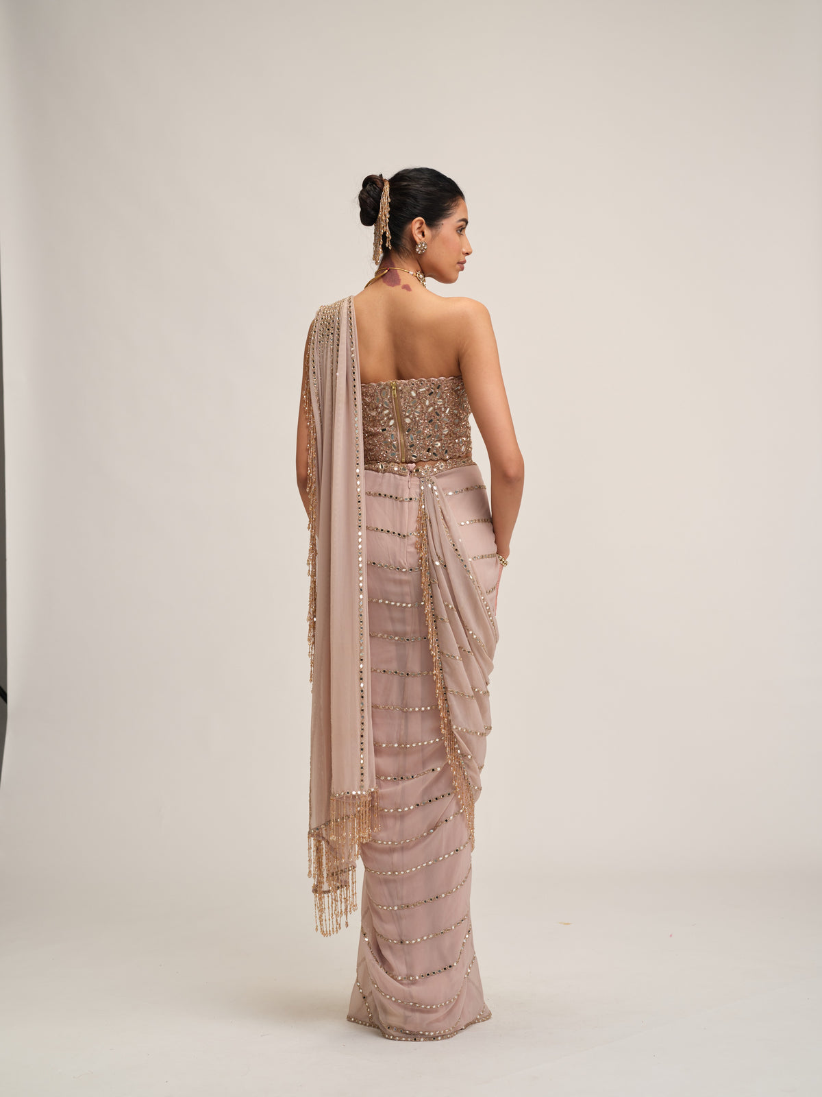 Ash Pink Linear Mirror Saree Set