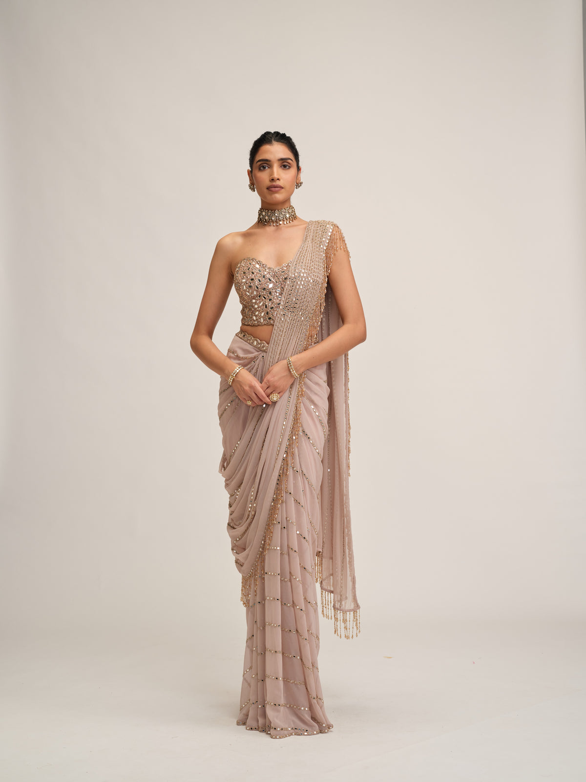Ash Pink Linear Mirror Saree Set