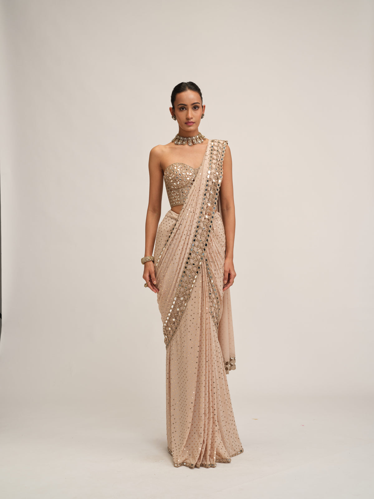 Light Beige Cutwork Border Saree Set