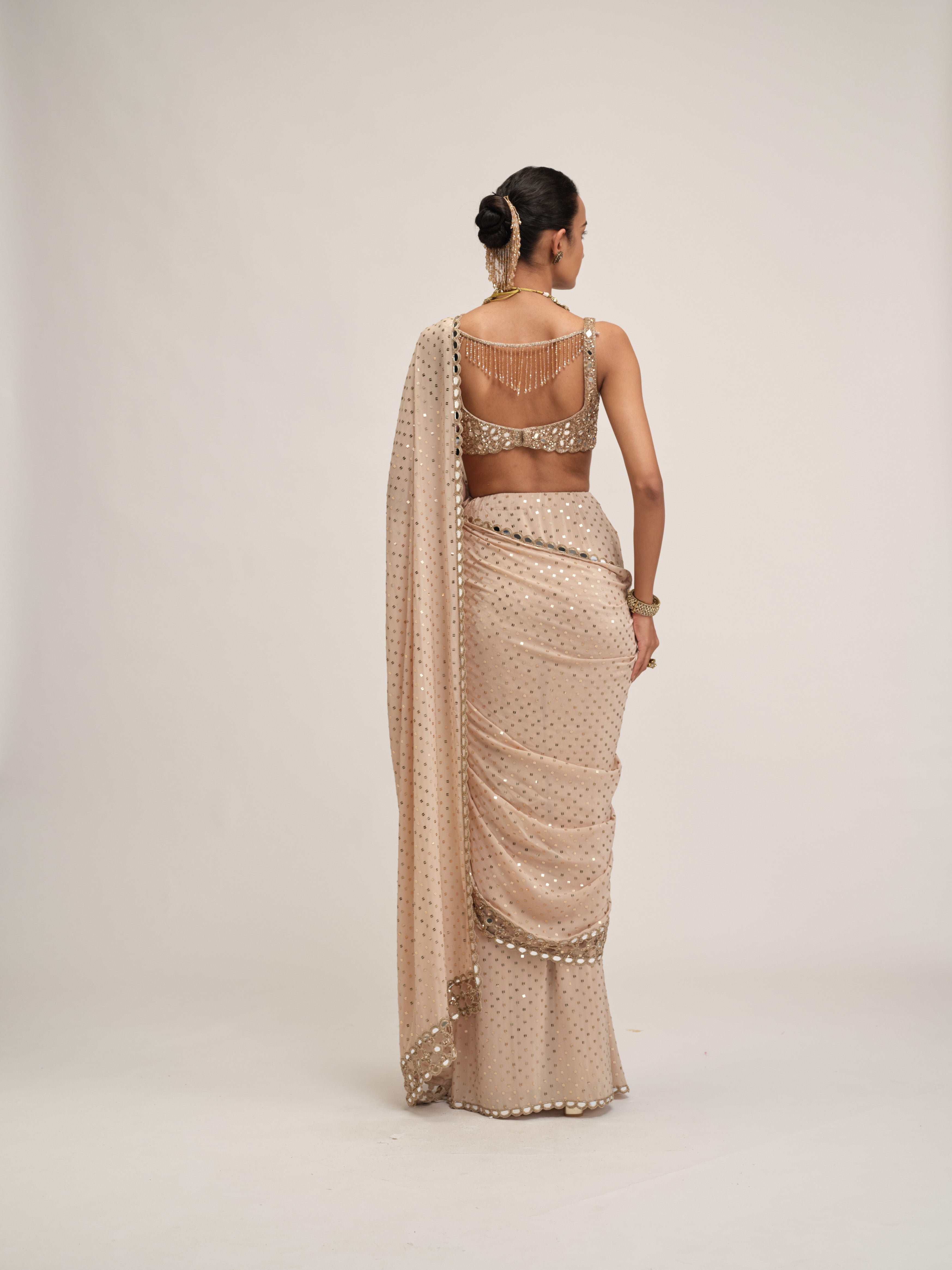 Light Beige Round Neck Cutwork Border Saree Set