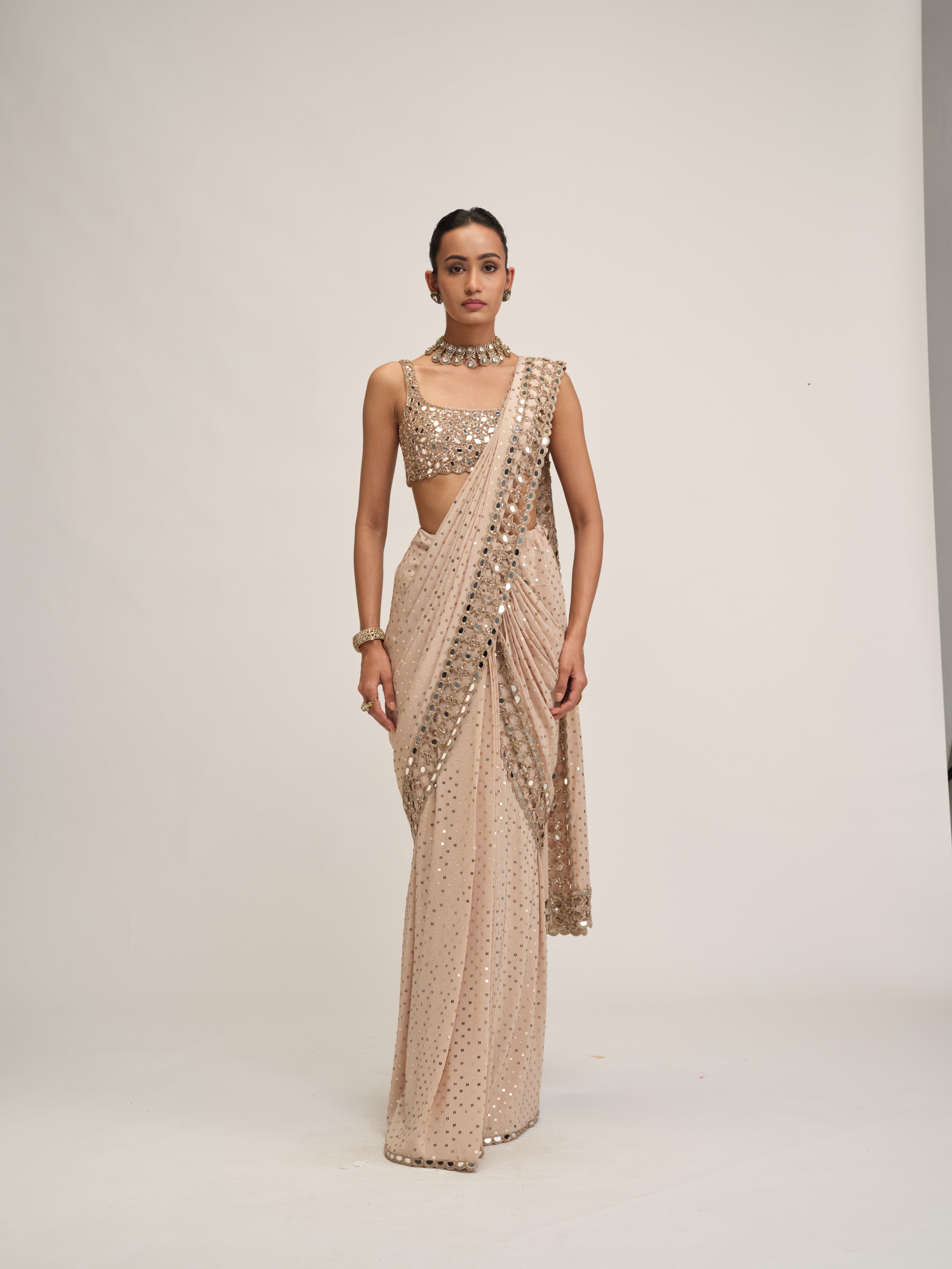 Light Beige Round Neck Cutwork Border Saree Set