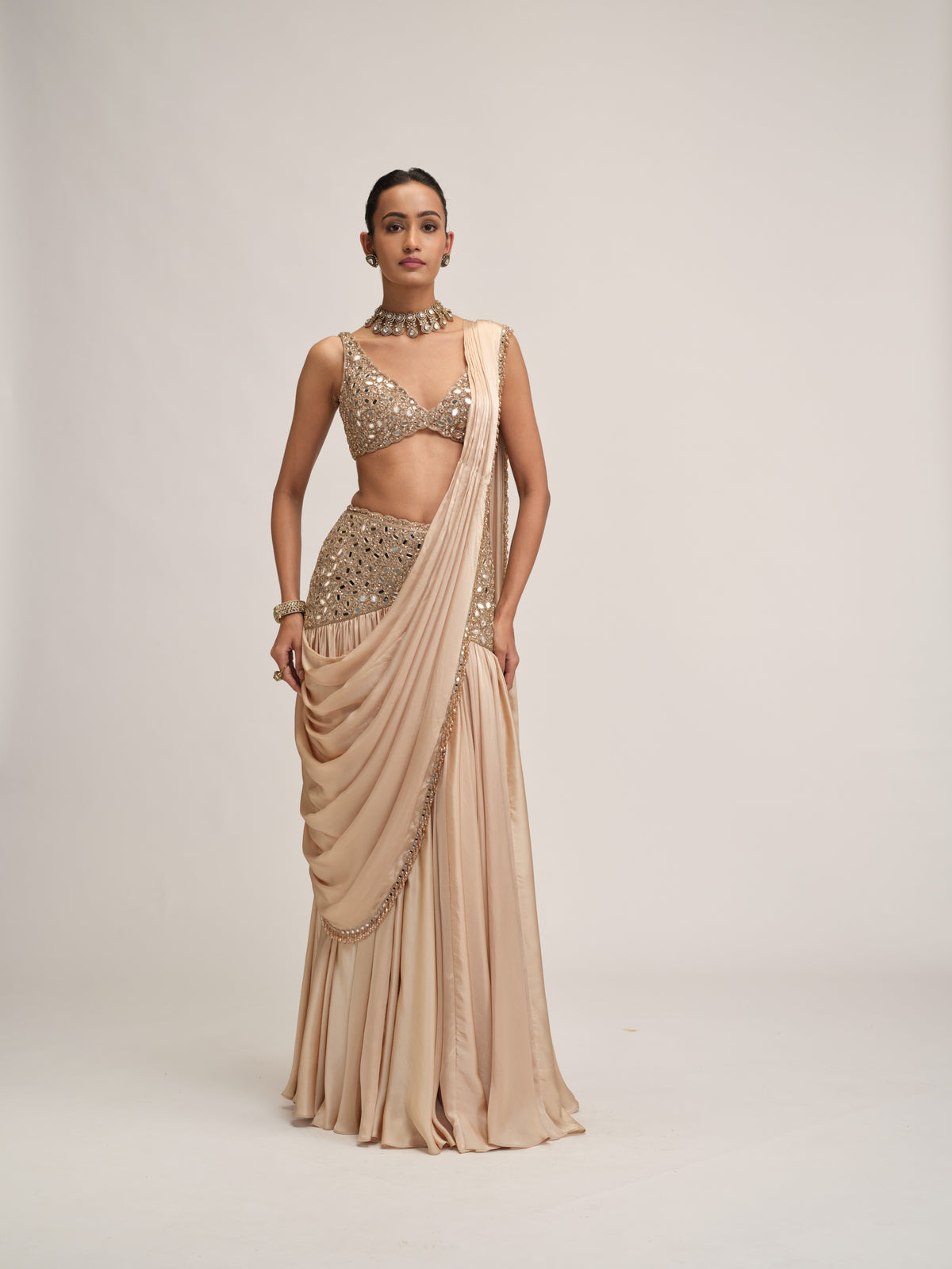 Light Beige Satin Draped Saree Set