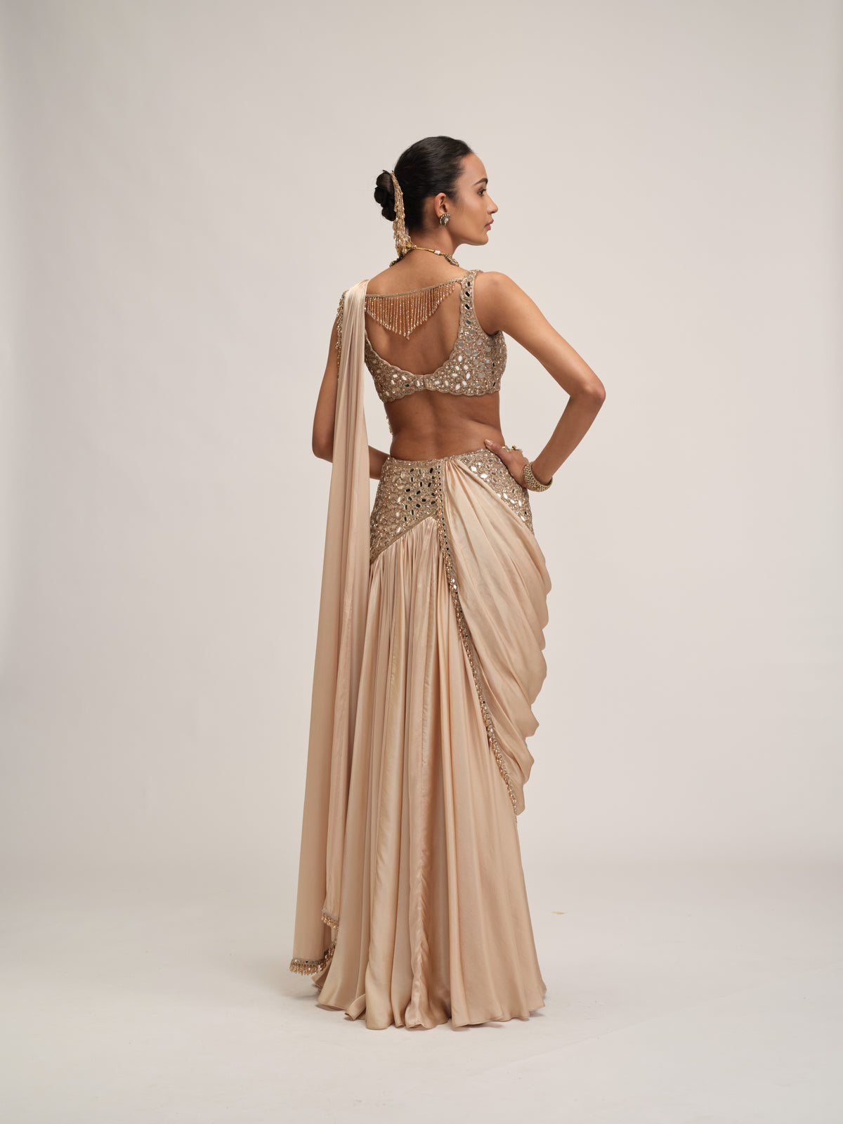 Light Beige Satin Draped Saree Set