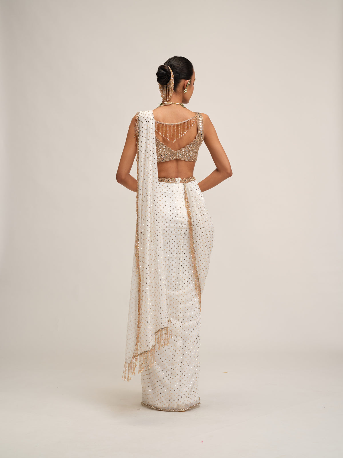 Off White Sequins Embroidered Saree Set