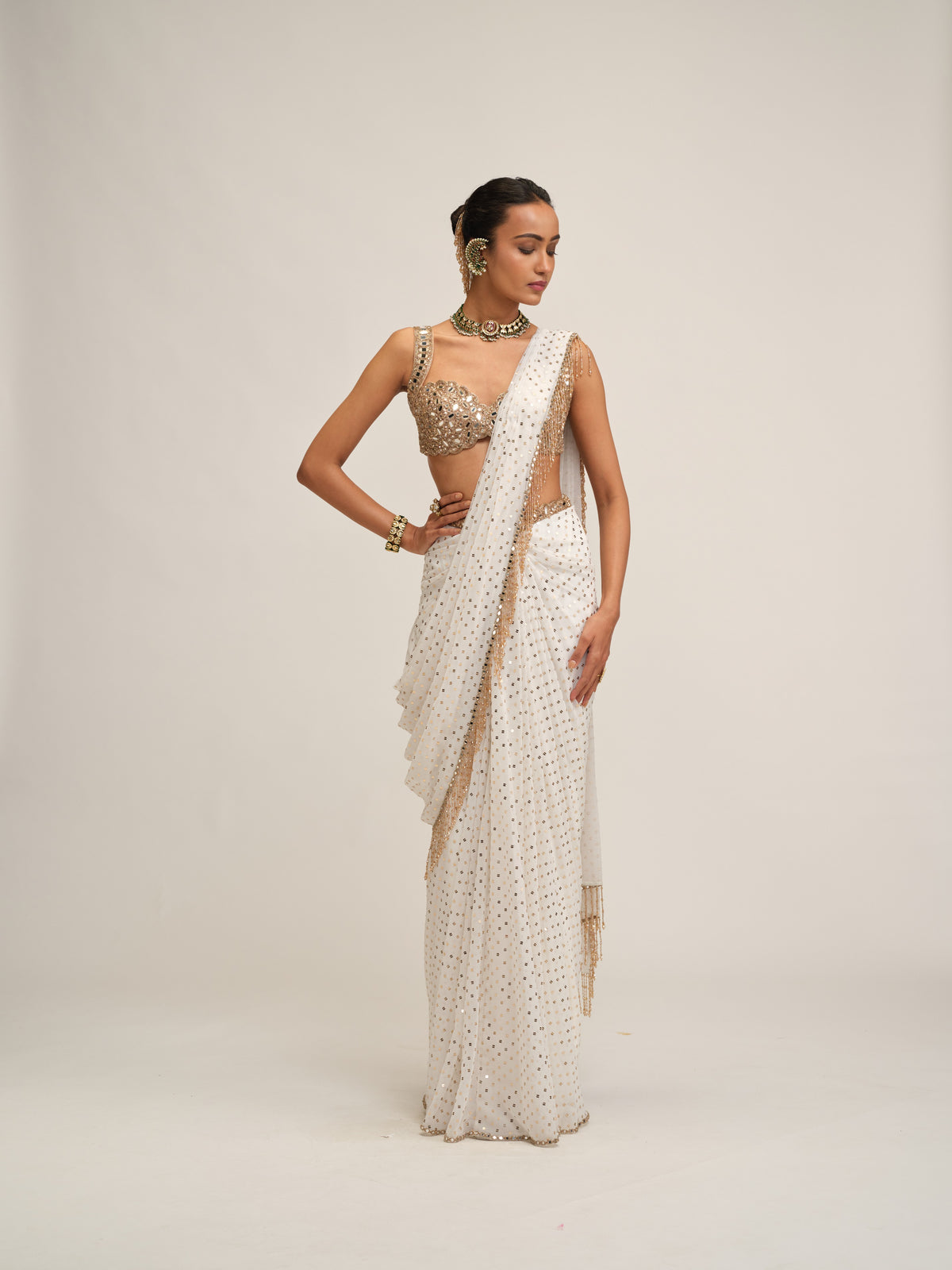 Off White Sequins Embroidered Saree Set