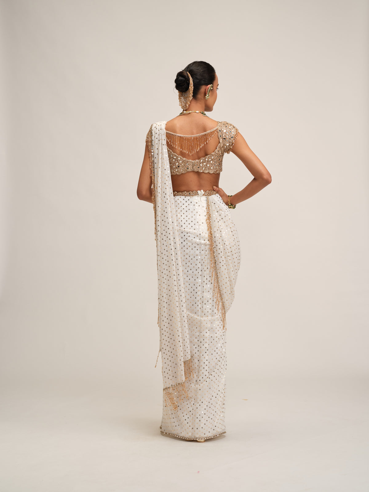 Off White Draped Saree Set