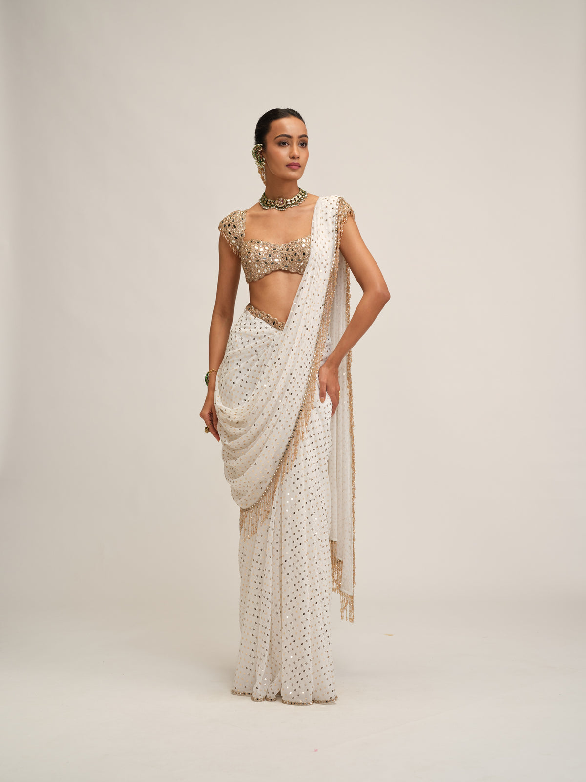 Off White Draped Saree Set