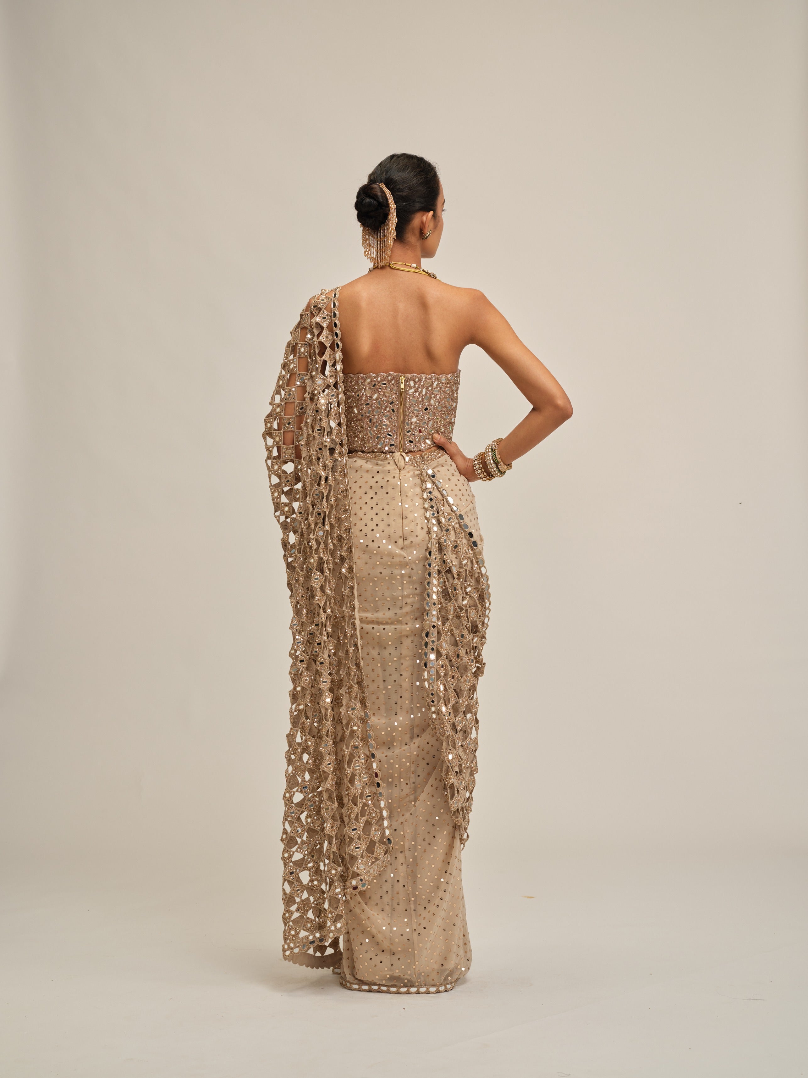 Light Beige Cutwork Pallu Saree With Corset Set