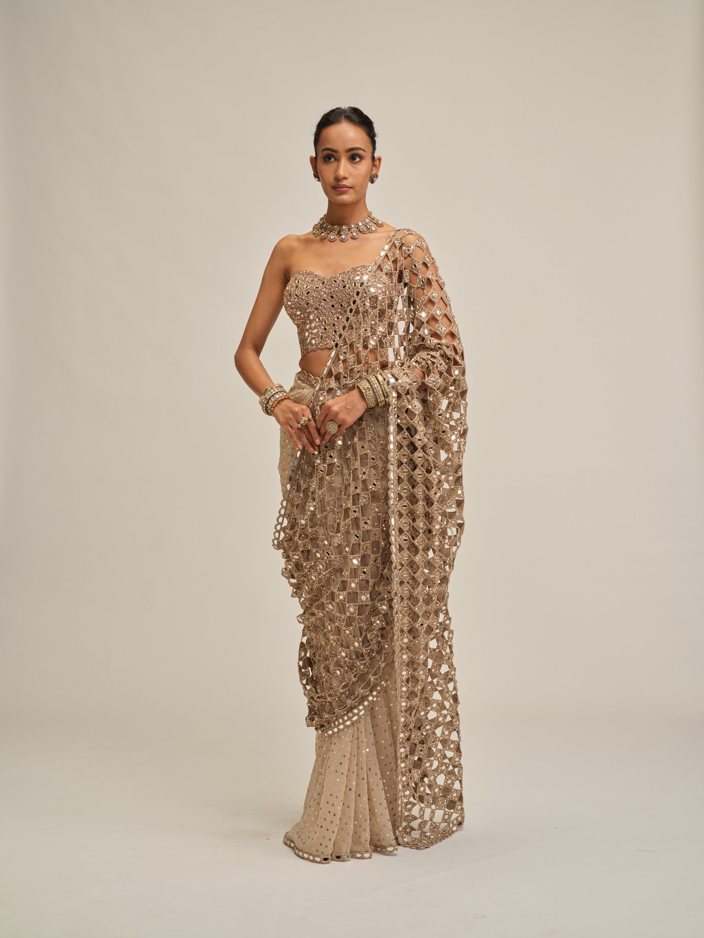 Light Beige Cutwork Pallu Saree With Corset Set