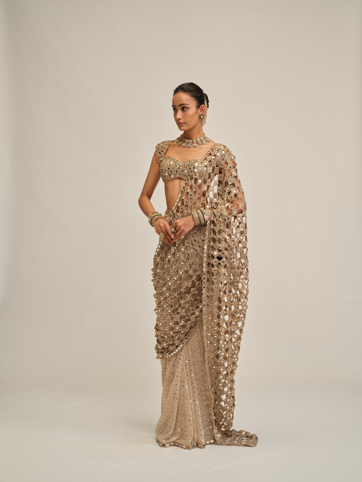 Light Beige Cutwork Pallu Saree Set