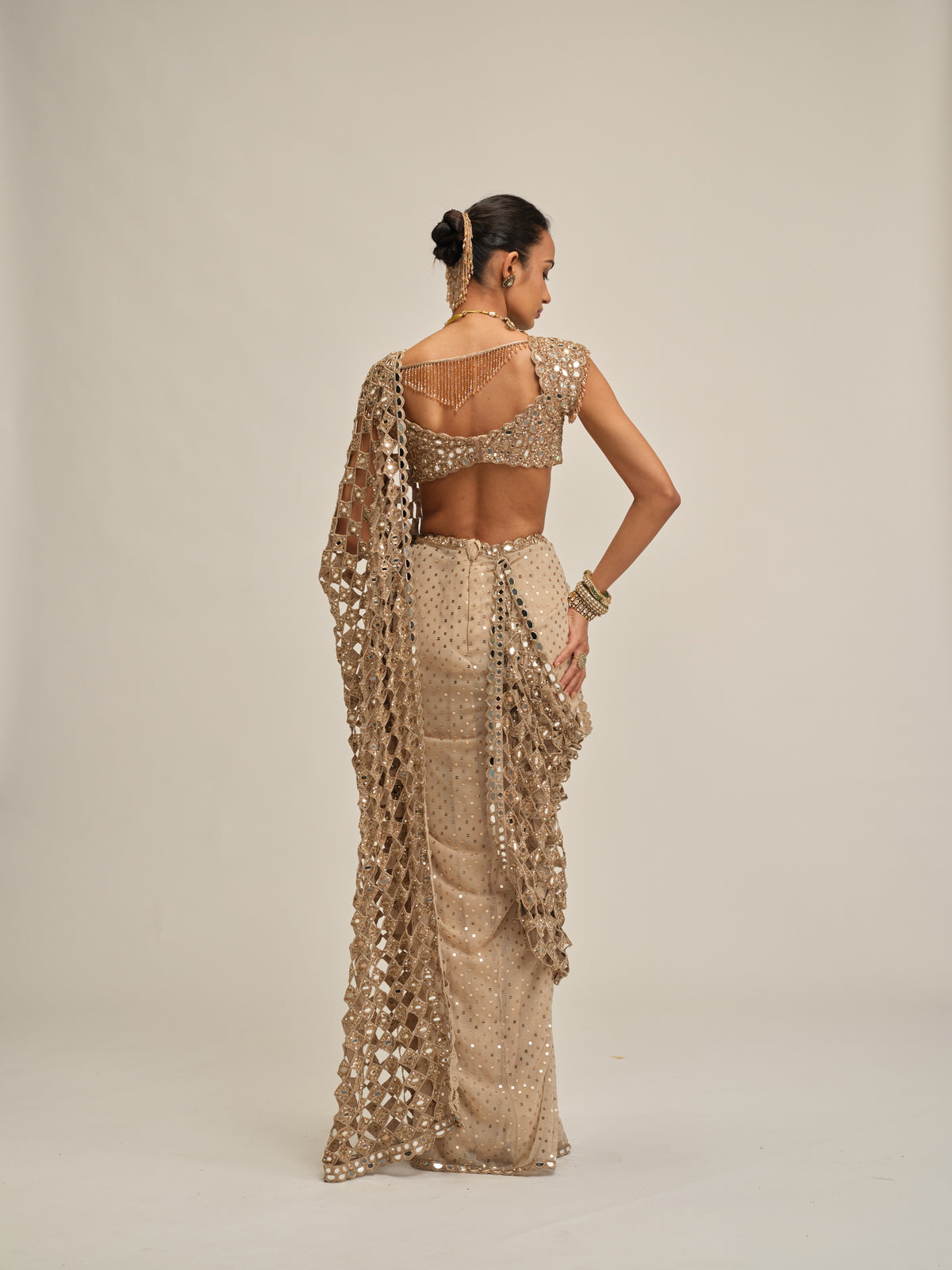 Light Beige Cutwork Pallu Saree Set
