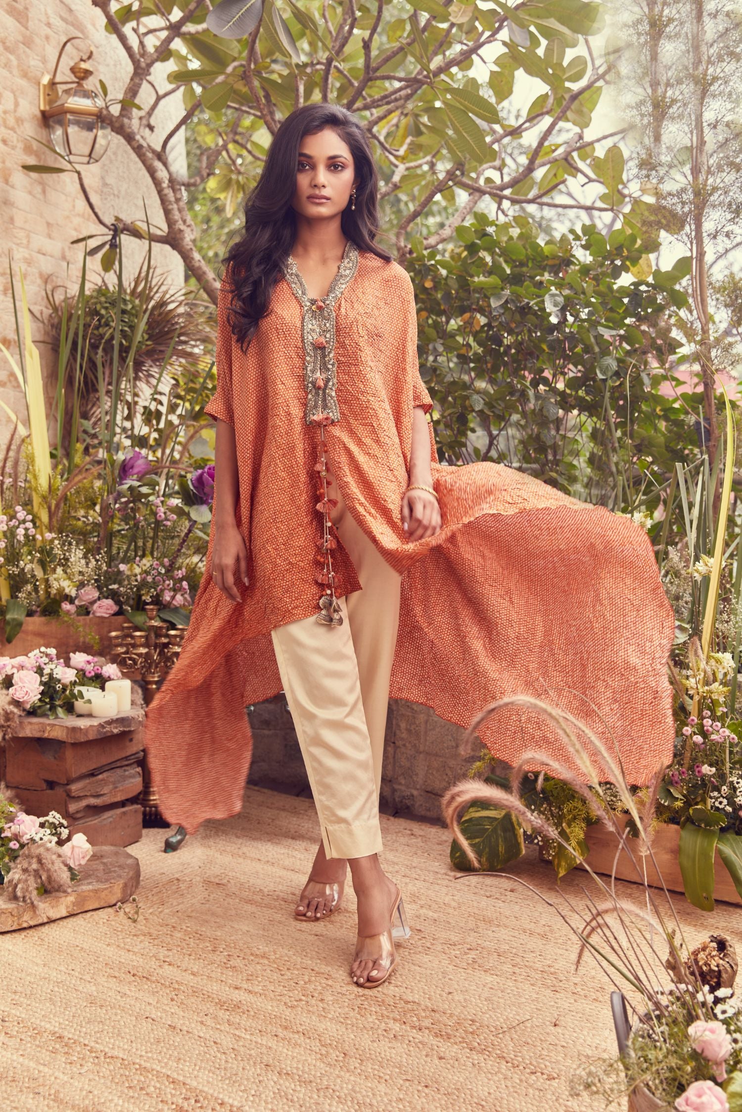 Bandhej Kaftaan With Cotton Satin Pants