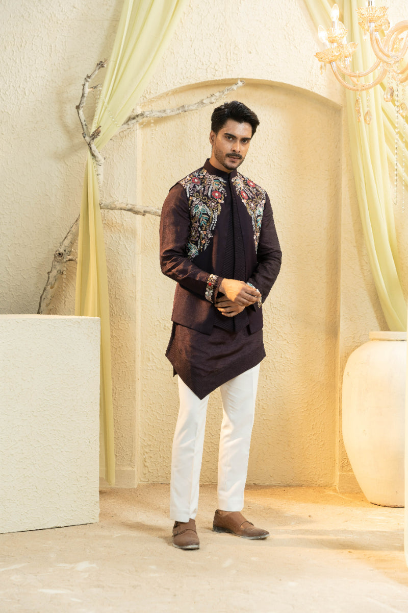 Wine Hand-Embroidered Bundi Set