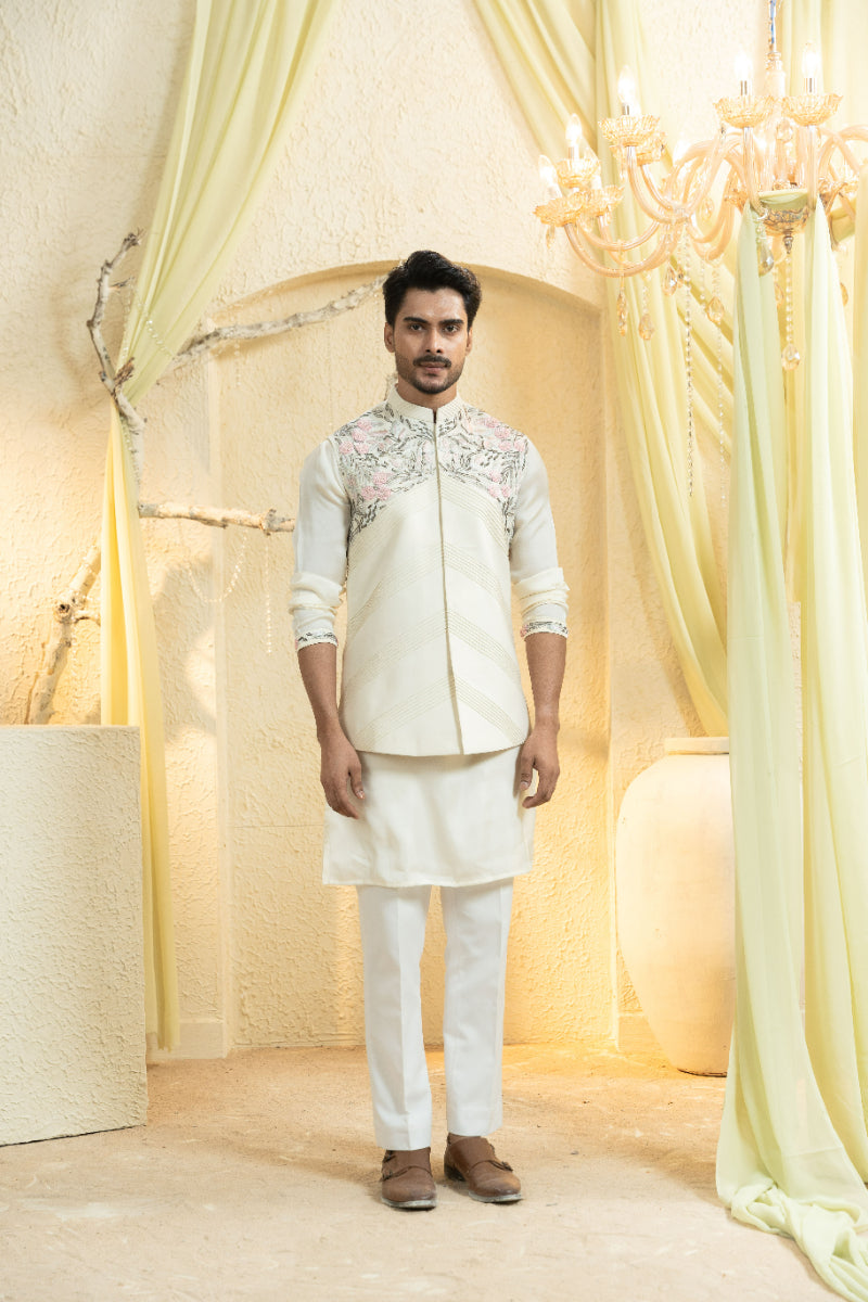 Swan White Hand-Embroidered Bundi Set