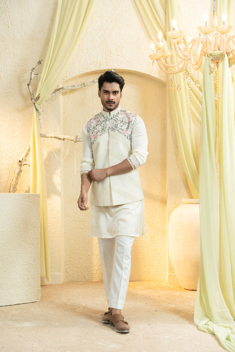 Swan White Hand-Embroidered Bundi Set