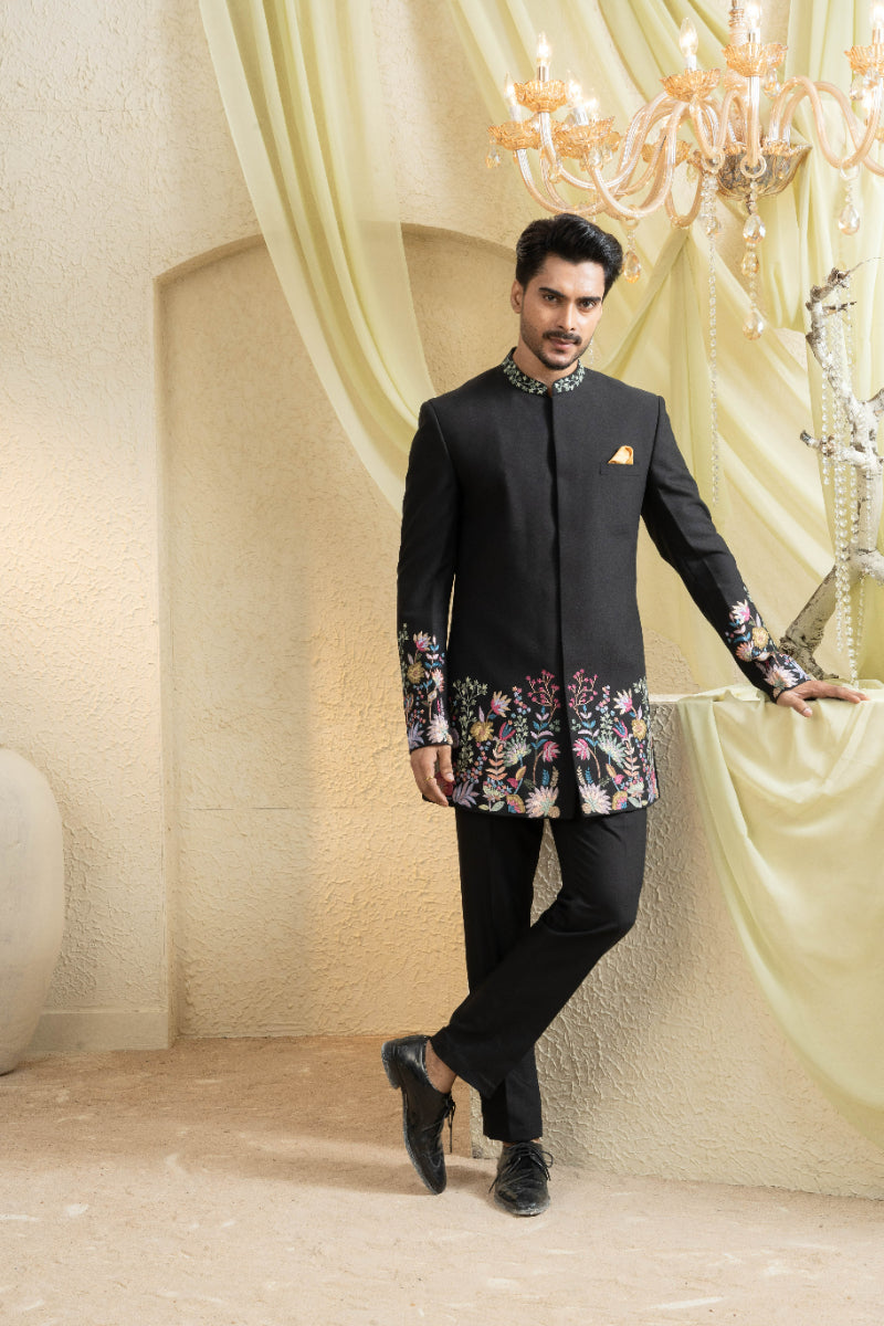 Black Hand-Embroidered Achkan