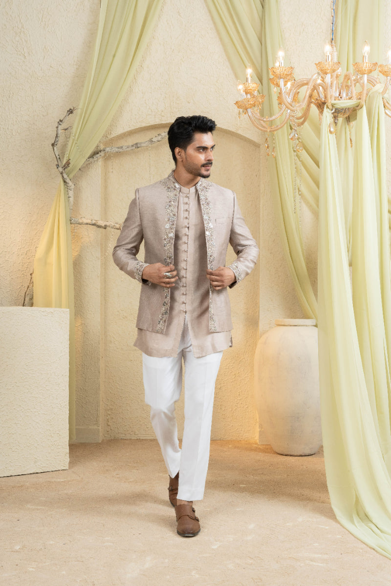 Champagne Gold Embroidered Jacket Set