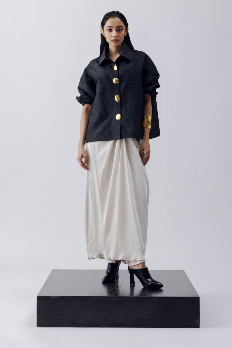 CRUSH SILK SHIRT WITH GOLD BUTTONS AND SATIN DRAPE SKIRT