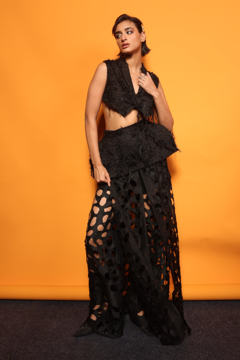 TEXTURED TOP + TEXTURED BELT + SILK CUTWORK PANTS