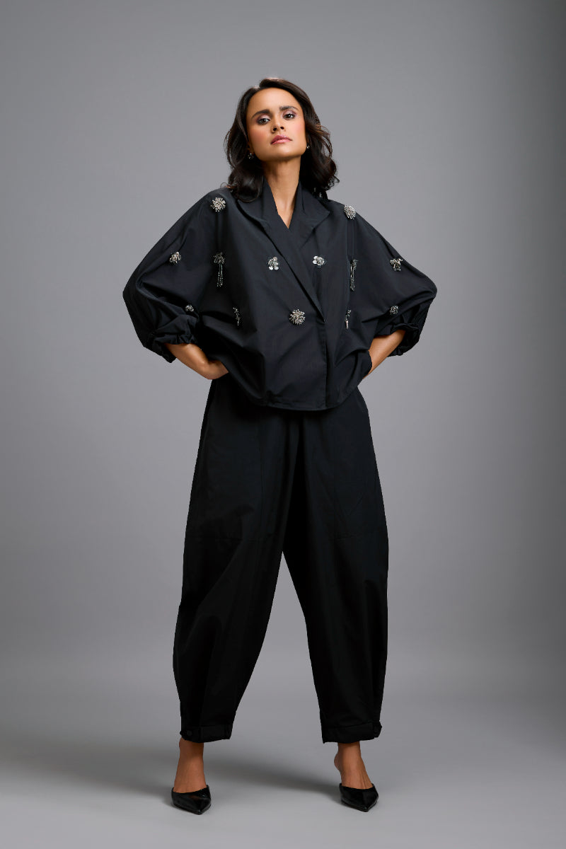 A TAPERED, DROP-CROTCH PANTS