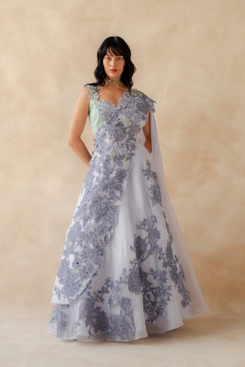 Lace Embroidered Blouse With Lace Lehenga With Drape