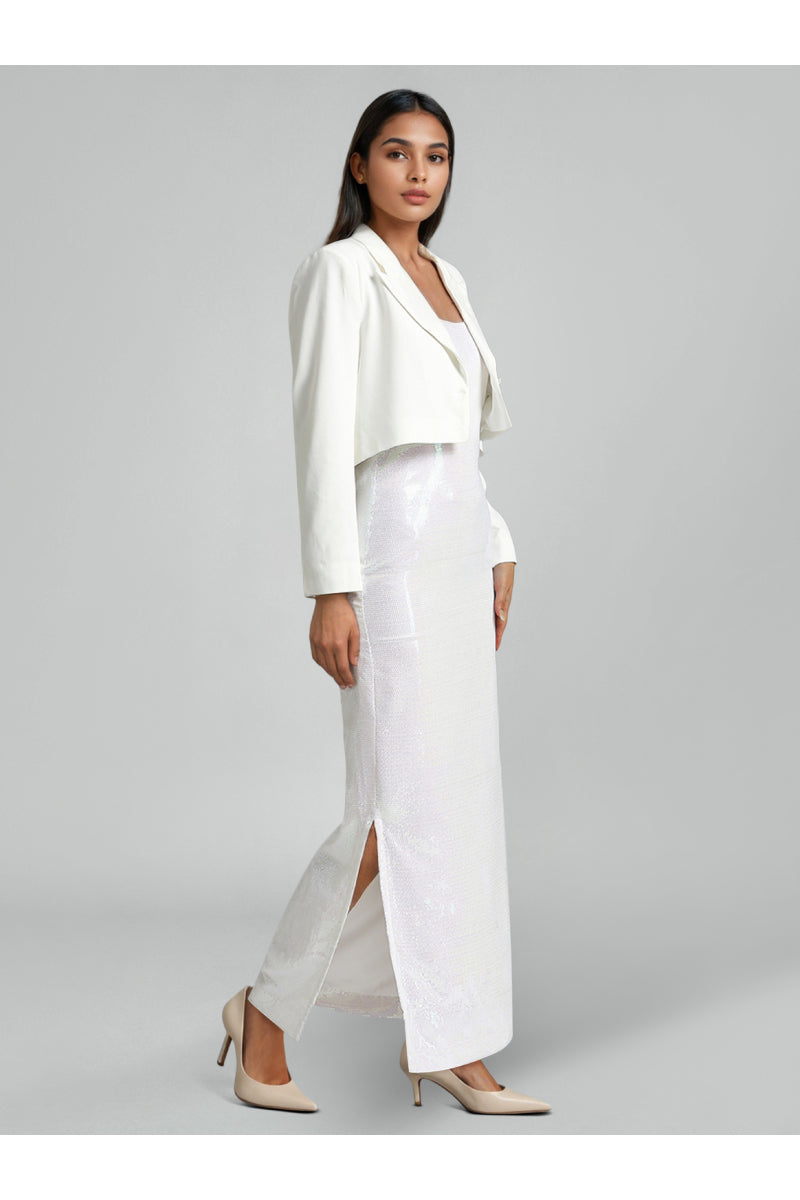White Sequins & Viscose Knit Jacket Dress