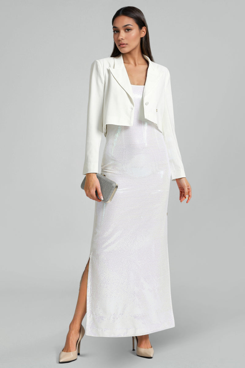 White Sequins & Viscose Knit Jacket Dress