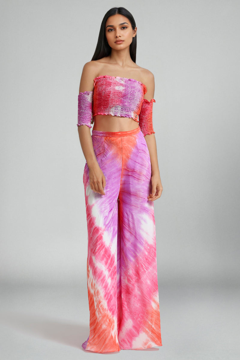 Multi-Colored Georgette Tie-Dye Printed Top With Pants