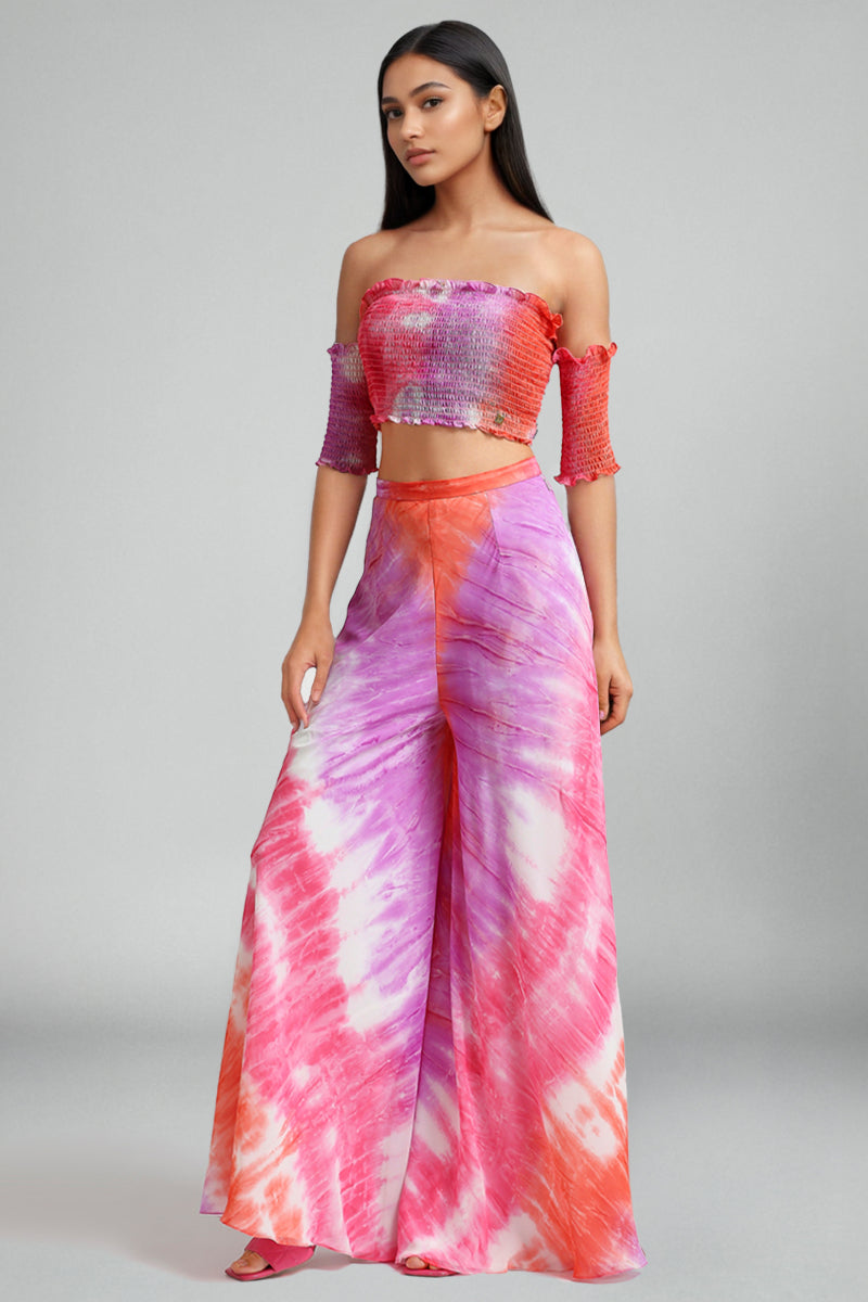 Multi-Colored Georgette Tie-Dye Printed Top With Pants