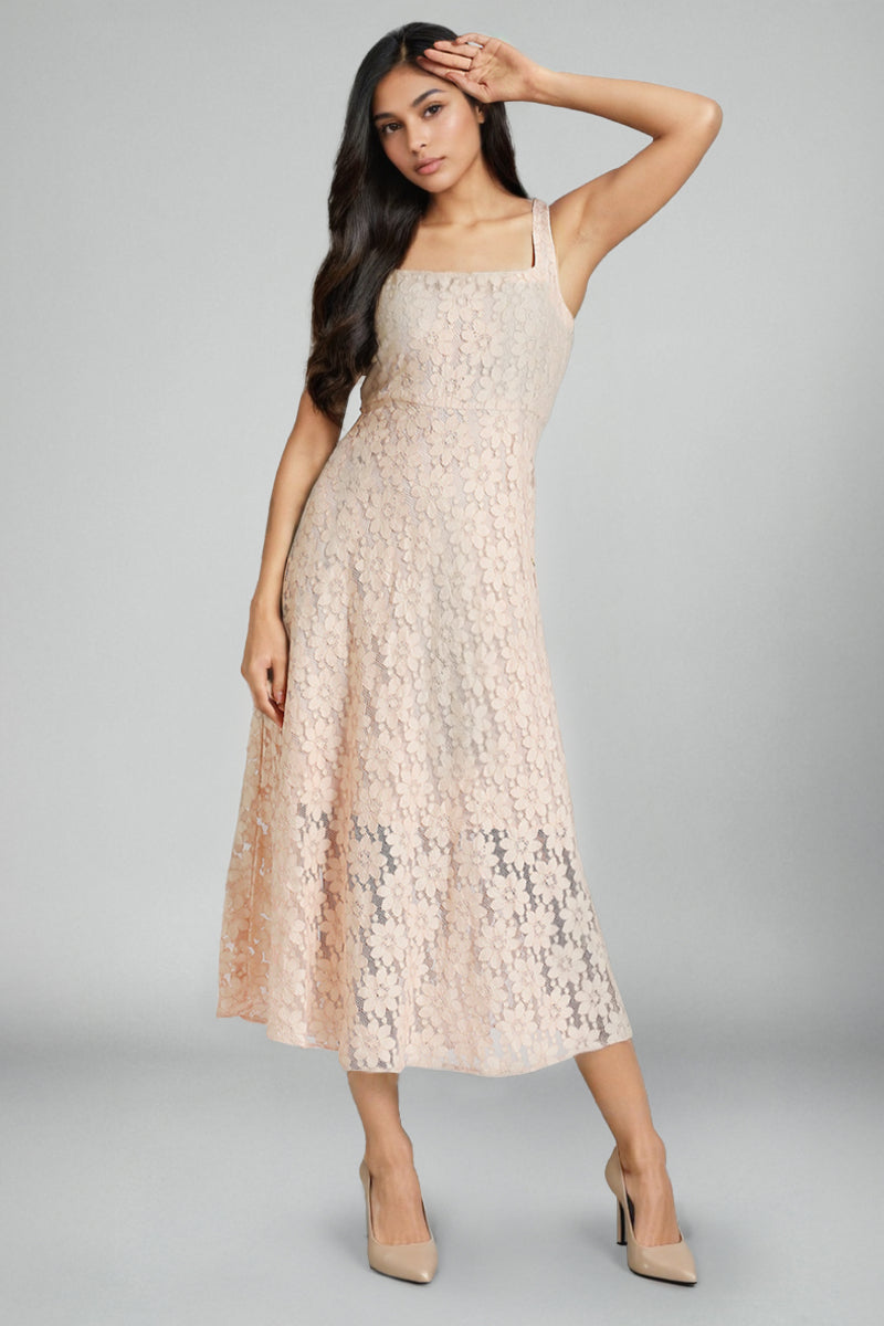 Peach Lace Midi Dress